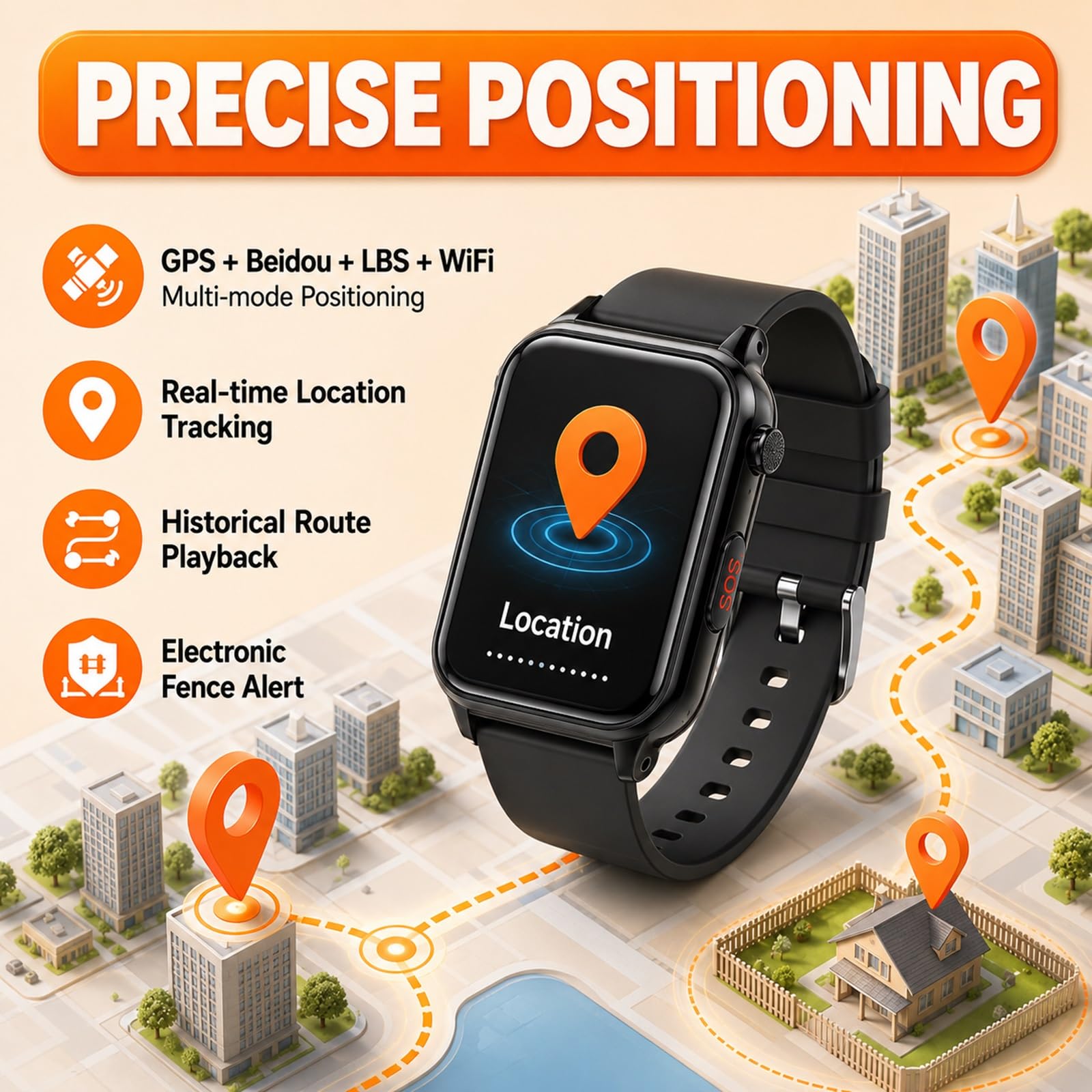 Reloj de Alerta Médica para Padres Mayores Rastreador GPS y Alarma SOS | Botón de Emergencia SOS, Chat de Voz, Monitor de Presión Arterial, Geocerca de Seguridad, Rastreador Salud(Negro)