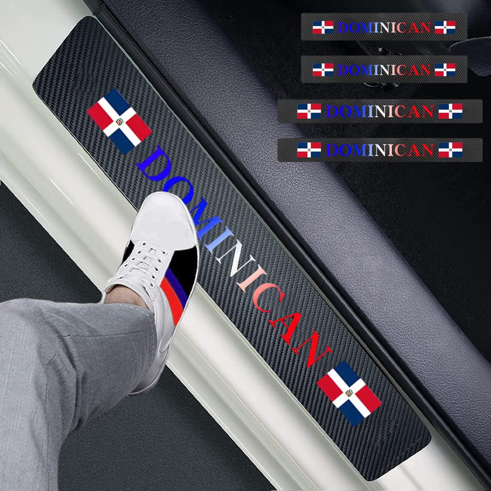 FLAGSP 4pcs Dominican Flag Carbon Fiber Car Door Front/Rear Sill Plate Protectors, Sticker Decorative Entry Guard Threshold Scratch Pad Film for Auto Truck SUV Accessories (Dominian Flag) (MKT*4)