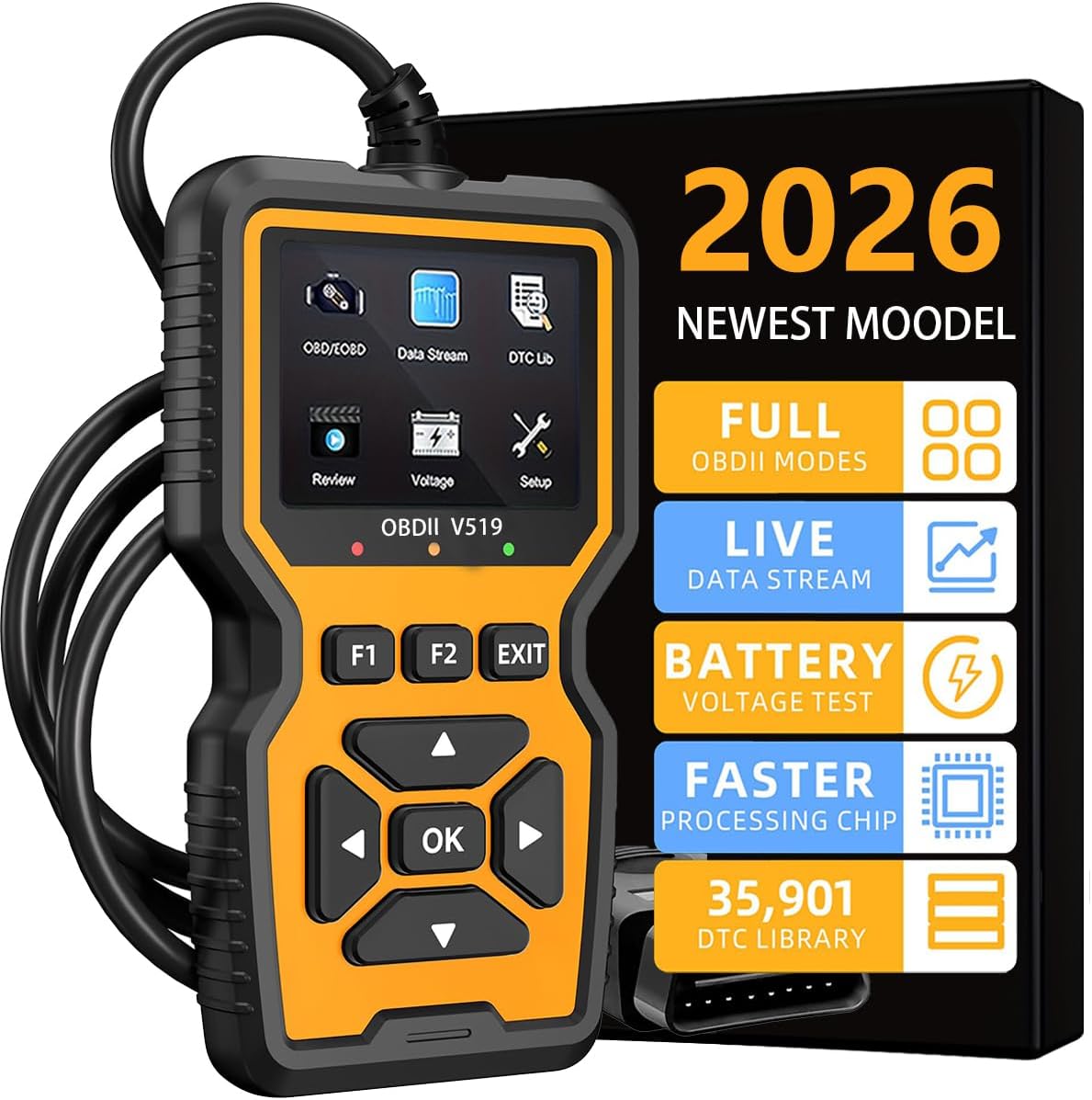 Car OBD2 Scanner, Diagnostic Error Finder, Fault Code Detection and Real-Time Data Stream, Compatible with All OBD II Protocol Vehicles from 1996+