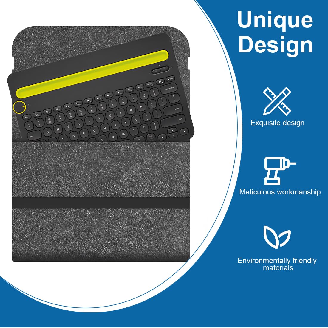 Housse en feutrine compatible avec Logitech K380 – Pochette de protection mince avec fermeture velcro – Étui clavier portable, doux et anti-poussière – Gris