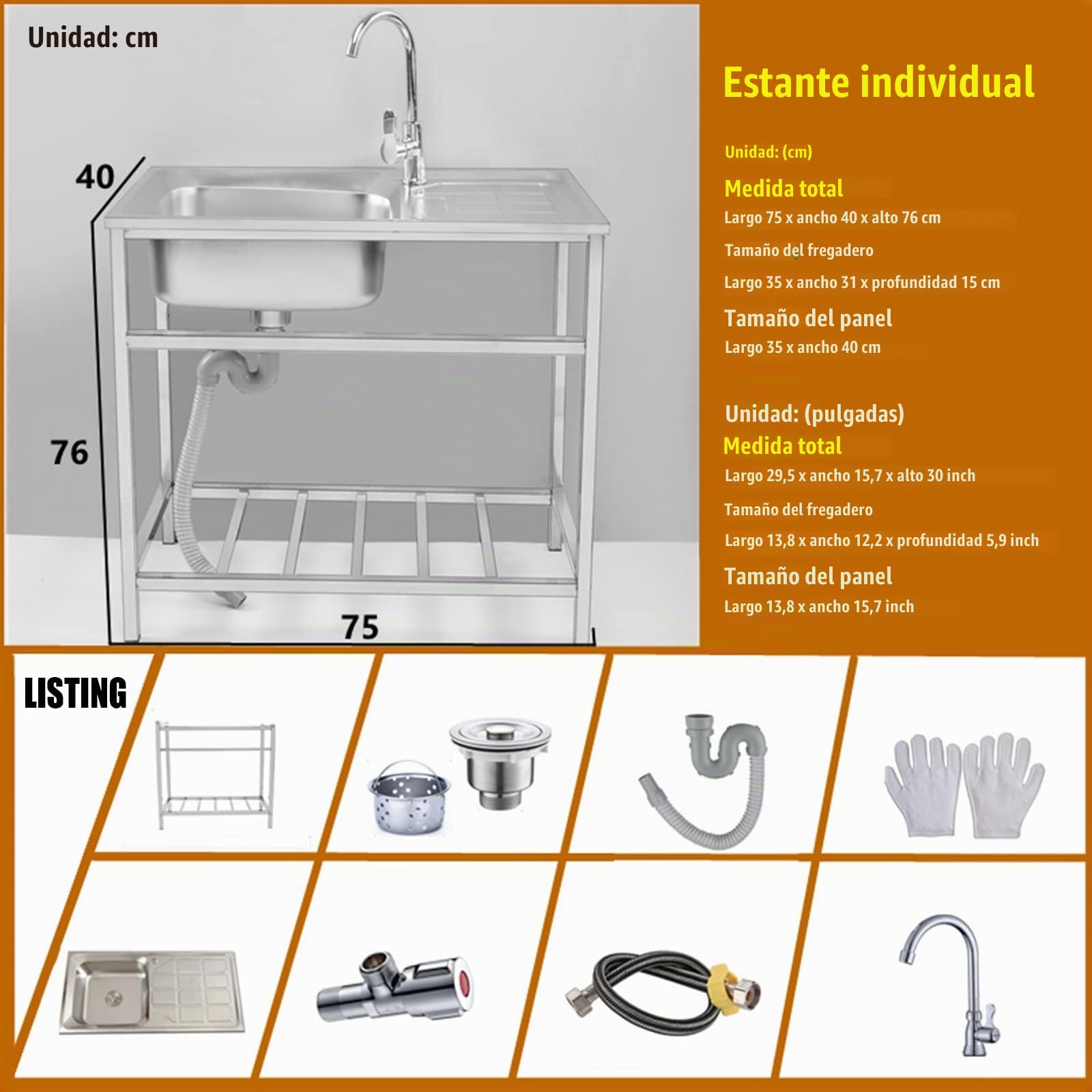Fregadero Industrial Acero Inoxidable Comercial De Un Solo Tazón Fregadero De Cocina Independiente Lavabo De Mano，para Cocina, Restaurante, Bar, Jardín (Color : Single cold, Size : 1-tier 75 * 40cm)