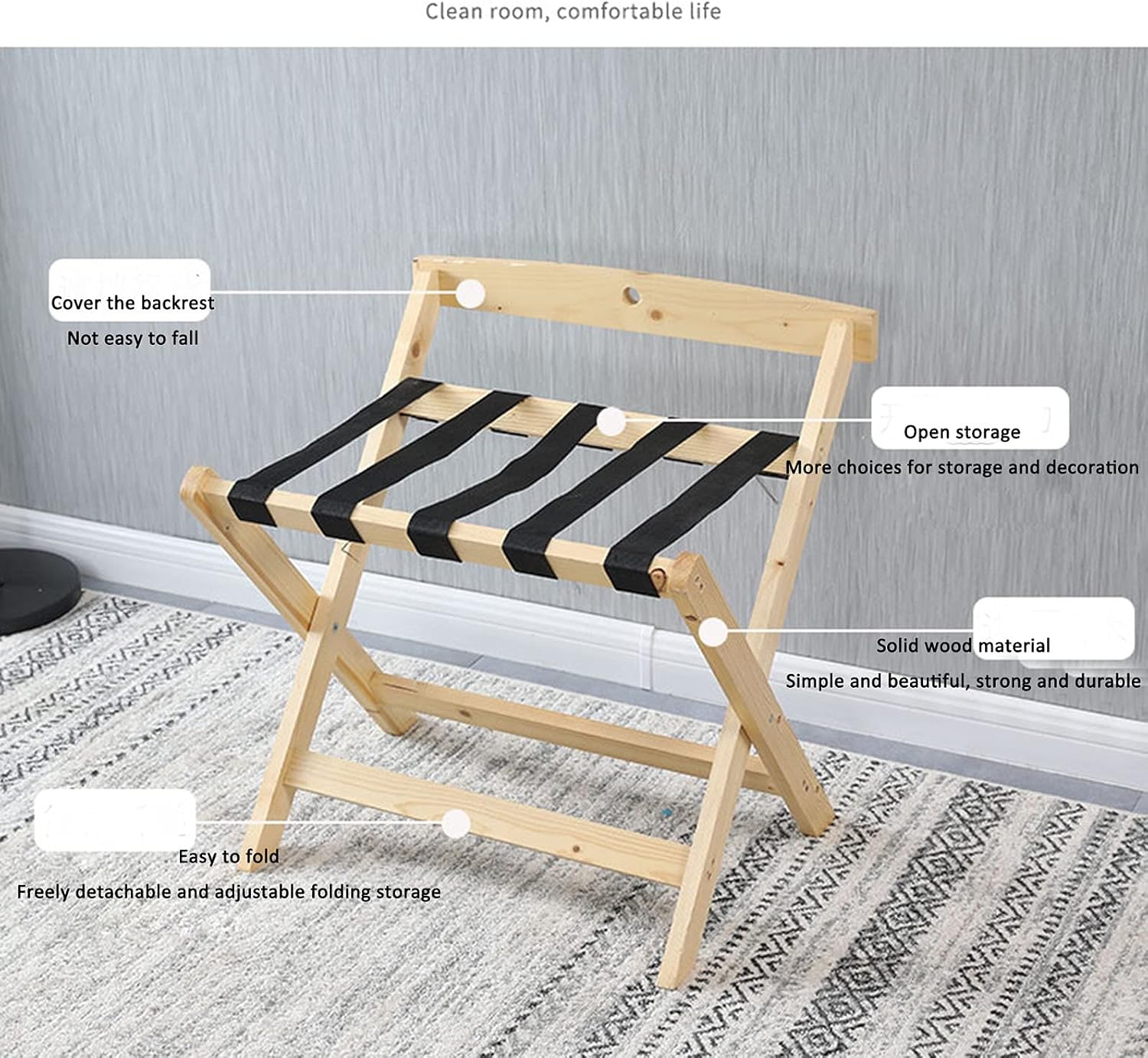 Storage Shelf Hotel Luggage Rack,Movable Luggage Rack,Space Saving Rack,Wood Luggage Rack,Foldable Bedside for Clothes Quilt,Household Room Bedroom Rack/Red,Wood Color