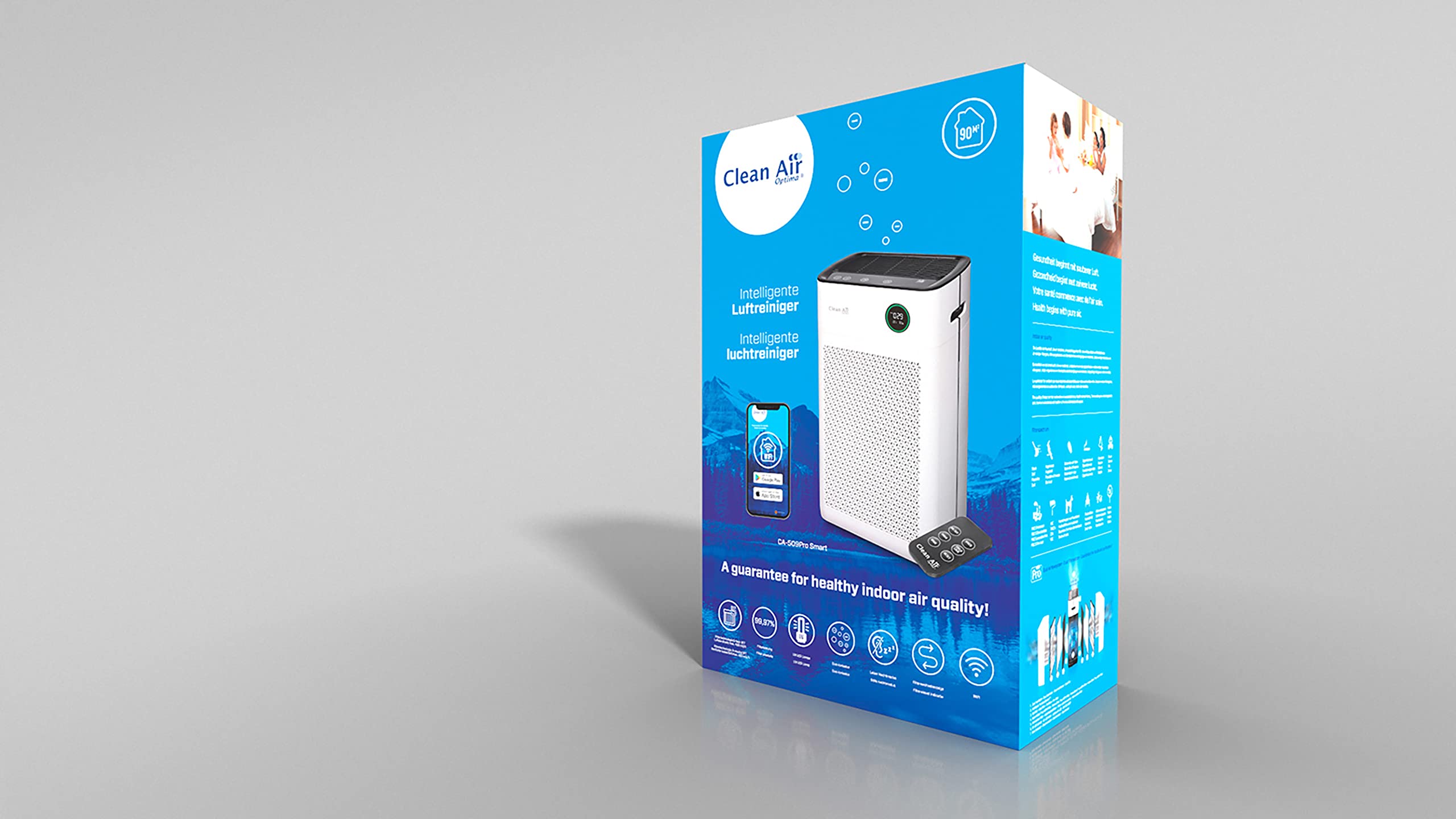 Clean Air Optima CA-509Pro SMART Purificador de aire inteligente HEPA UV-C - Ventilador muy silencioso < 10 dB(A) - 400 m³ de aire sin partículas por hora - Adecuado para habitaciones de hasta 90