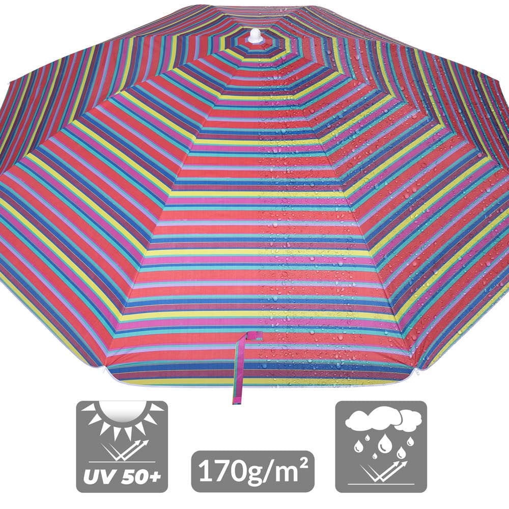 Kingsleeve Parasol UV 50+ sac de transport - Grand parasol de plage imperméable - Inclinable - Réglable en hauteur - Piquet de terre - Pour balcon, plage - Rond - Multicolore