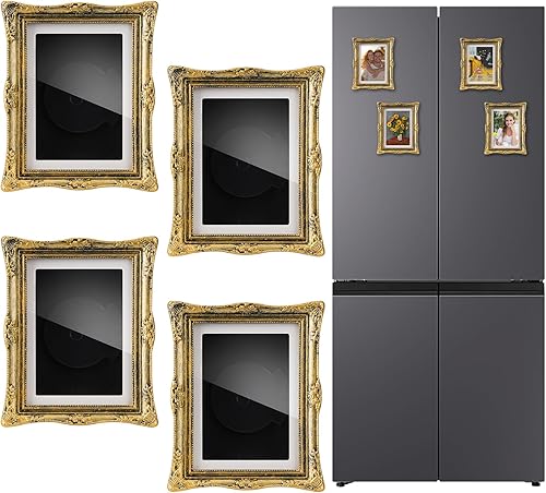 Miniatura 8 de Marcos de fotos magnéticos para refrigerador, 4 unidades, marco de fotos vintage mini imanes de nevera, 3.54 x 2.75 pulgadas (dorado)