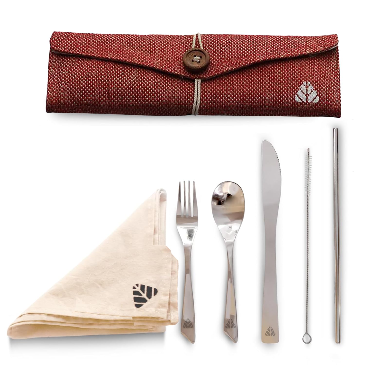 Rusabl Stainless Steel Cutlery Set (Pack of 6, Red) Reusable Travel Pack for Daily Use, Gifting and Travelling (Spoon, Fork, Knife, Steel Straw, Cleaning Brush, Napkin and Jute Pouch)