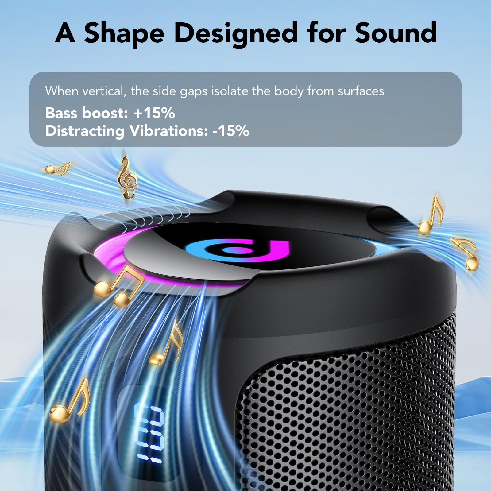 aowoka Altoparlante Bluetooth, altoparlanti wireless portatili 2026 con luce a LED, Bluetooth 5.4, 15 ore di riproduzione, bassi migliorati, impermeabile IPX7, altoparlante esterno per viaggi, sport