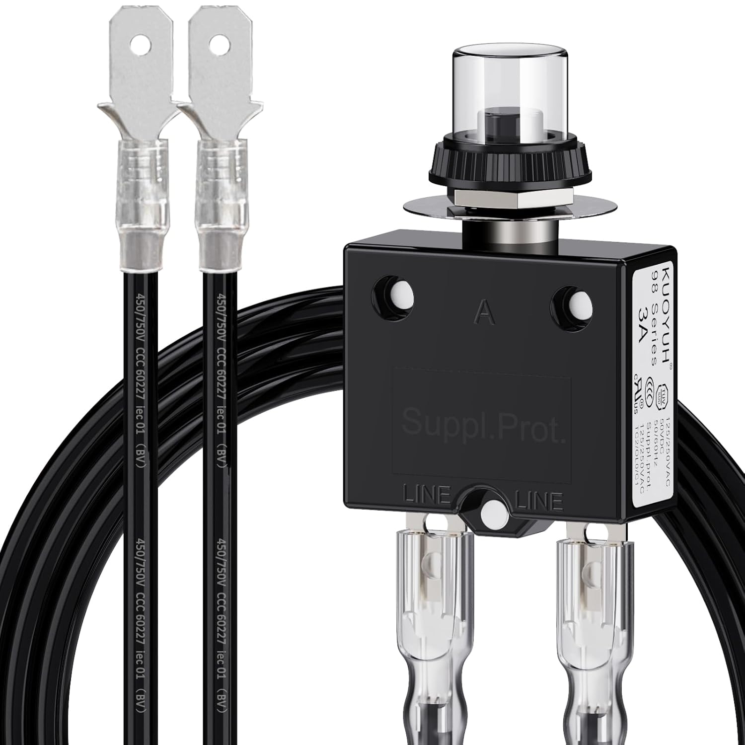 Thermal Circuit Breaker,98 Series 3Amp 125/250VAC 32VDC Manually Reset The Circuit Breaker， with Quick Connect Terminals and Waterproof Button Cover Terminal Wire-2 * 80cm/2.6ft 16AWG
