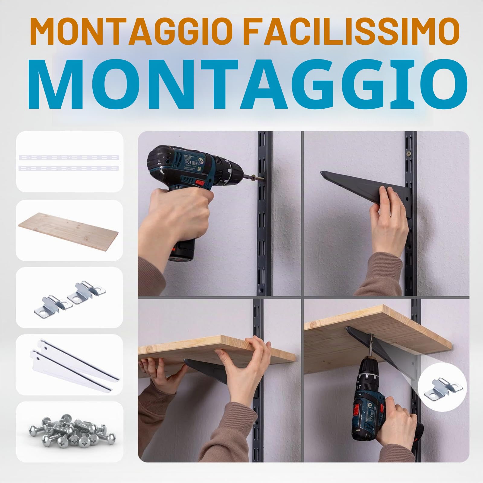 Scaffale da parete in metallo con ripiano, scaffale in 50 varianti, altezza: 50 cm, 2 ripiani da 80 x 50 cm (larghezza x profondità), colore: bianco, sistema di scaffalatura a binario