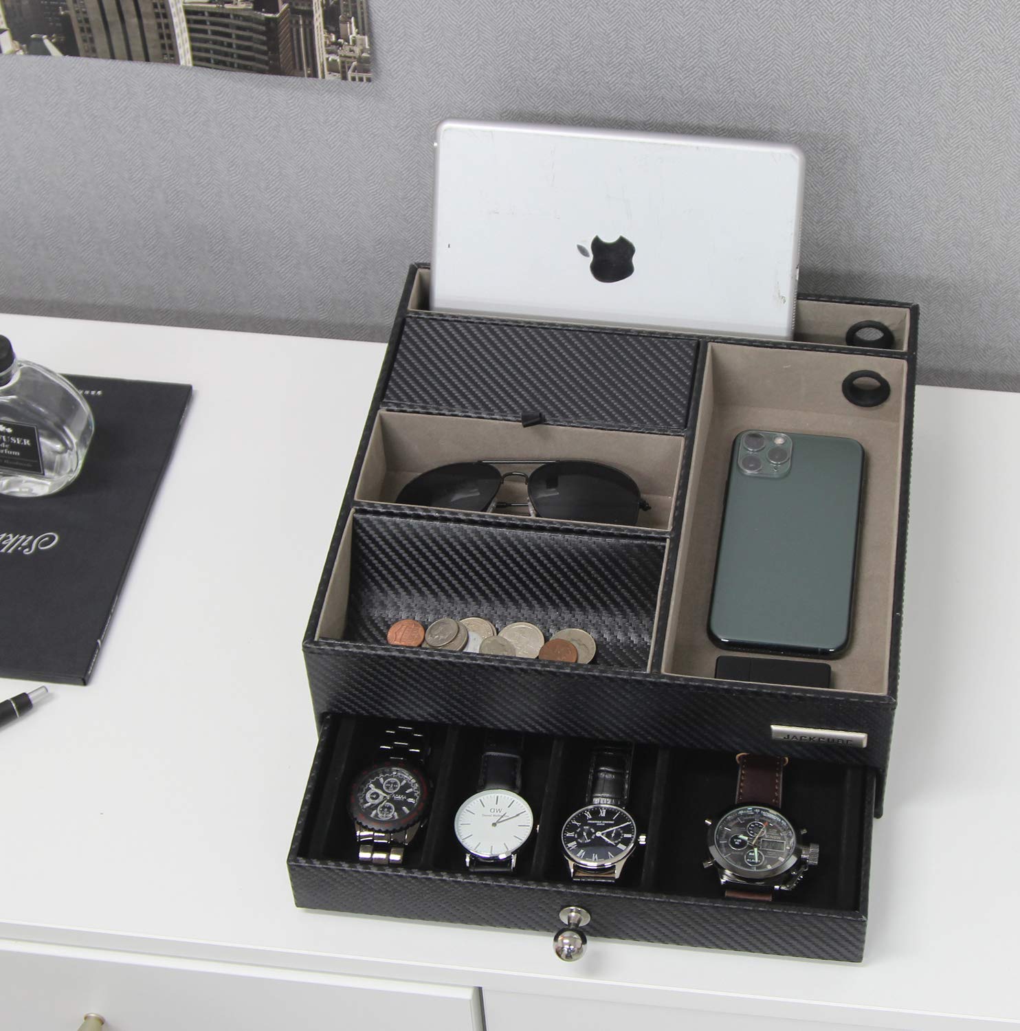 JackCubeDesign Table de nuit multi-fonctionnelle Coffret à bijoux en cuir noir Catch All Valet Tray Organizer Boîte de rangement avec tiroir et trou de chargement (Noir, 28 x 27 x 8,9 cm) -: MK389A
