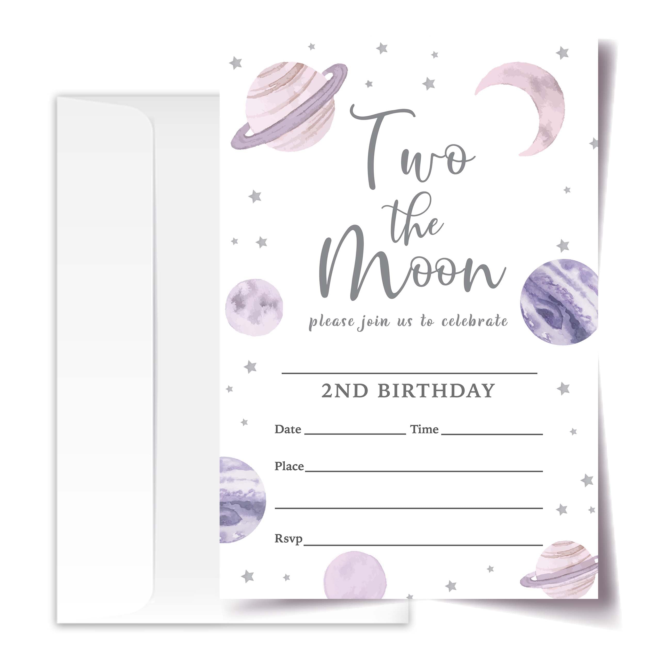 Two the Moon Second Birthday Invitation Cards with Envelopes Pack of 20 (4"x6"), Party Invitations for Boys, Girls, Kids, Teens, Galaxy Space Moon