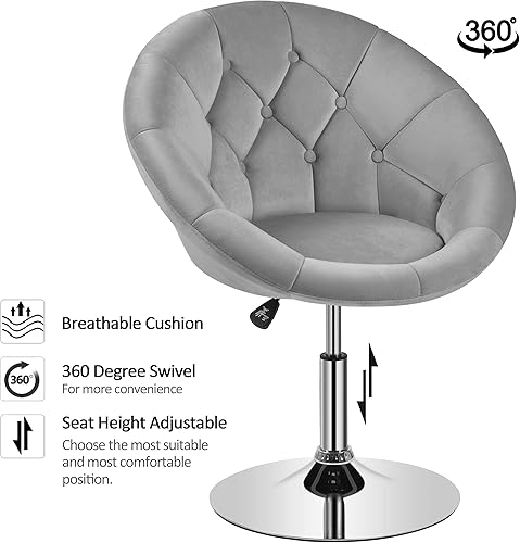 Miniatura 6 de Yaheetech Silla de tocador para sala de estar, silla de maquillaje de terciopelo redonda con respaldo copetudo, silla giratoria con marco cromado de