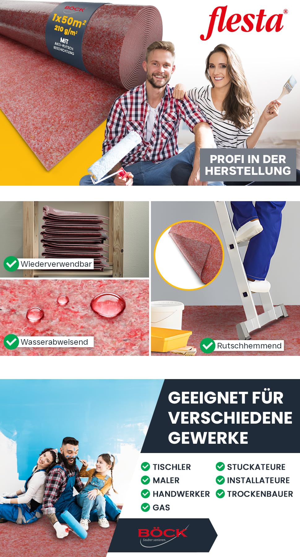 Malervlies 1 x 50 m – 210 g/m² saugstarkes Abdeckvlies in Profiqualität I Renoviervlies/Malerfilz rot I Schutzvlies, Bauvlies, Glattvlies & Anstrichvlies für Malerarbeiten I 50 m² Bodenabdeckung