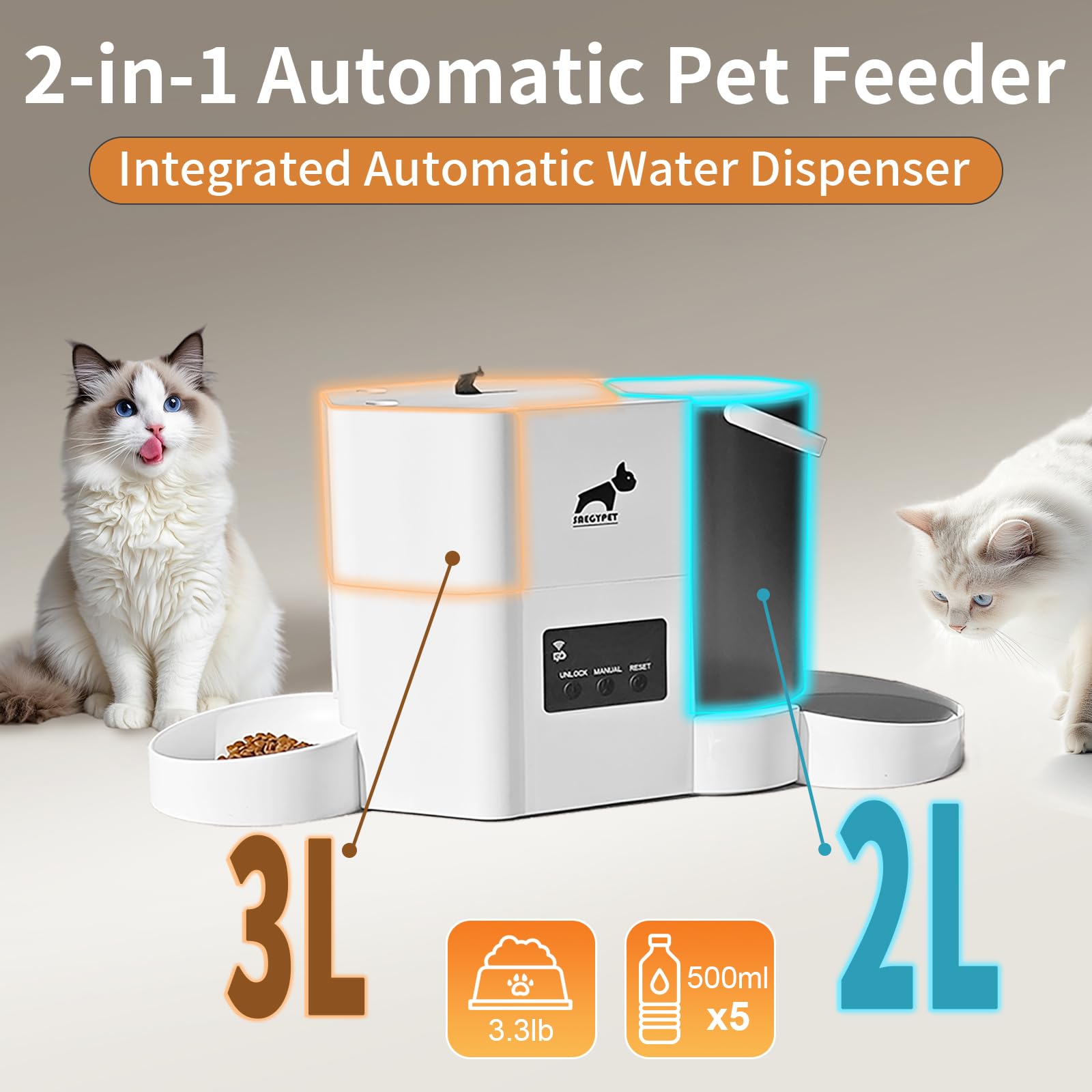 Comedero automático para gatos 5G/2.4GHz WiFi y bebedero 2 en 1 para mascotas, comedero de mascotas de hasta 10 comidas por día, controlado por aplicación, tanque de alimentos de 3 L y tanque de agua
