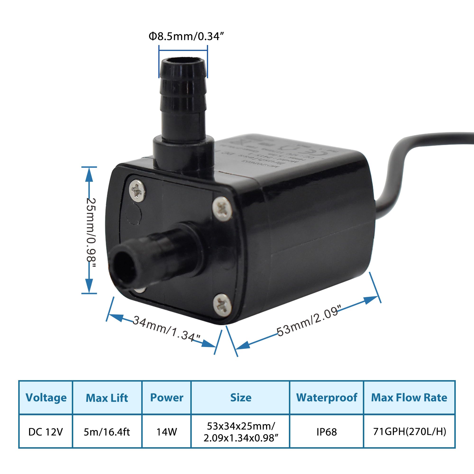 CONQUERALL Pompa wodna DC 12 V z rurką 1 m i zasilaczem (UE) 71 GPH 5 m 14 W pompa fontannowa do PC chłodzenie wodne i drenaż chłodnicy