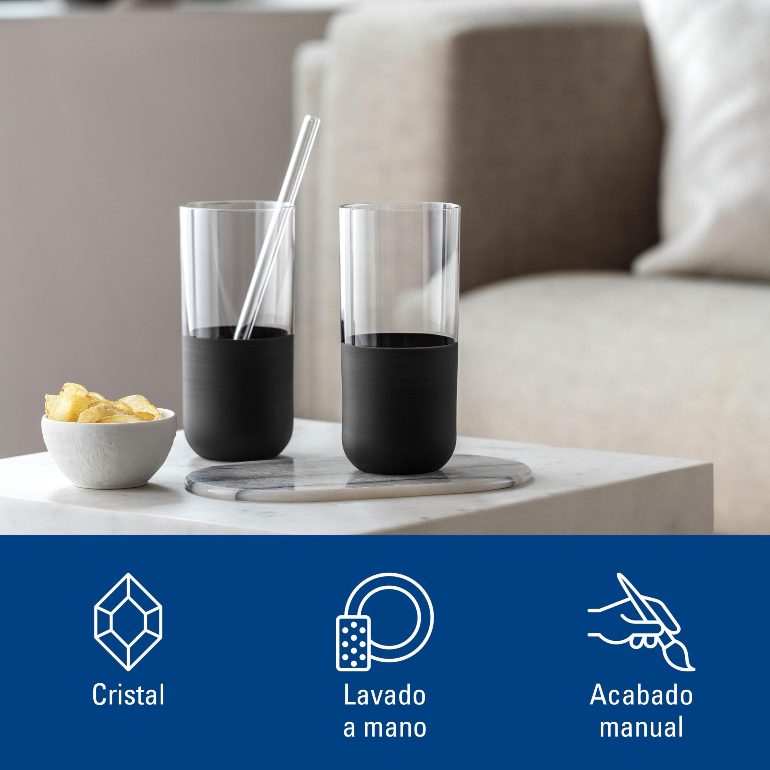 Villeroy & Boch – Juego De Vasos Largos Manufacture Rock, Set 4 Piezas, Cristal Con Base Negro Mate, Capacidad 300Ml