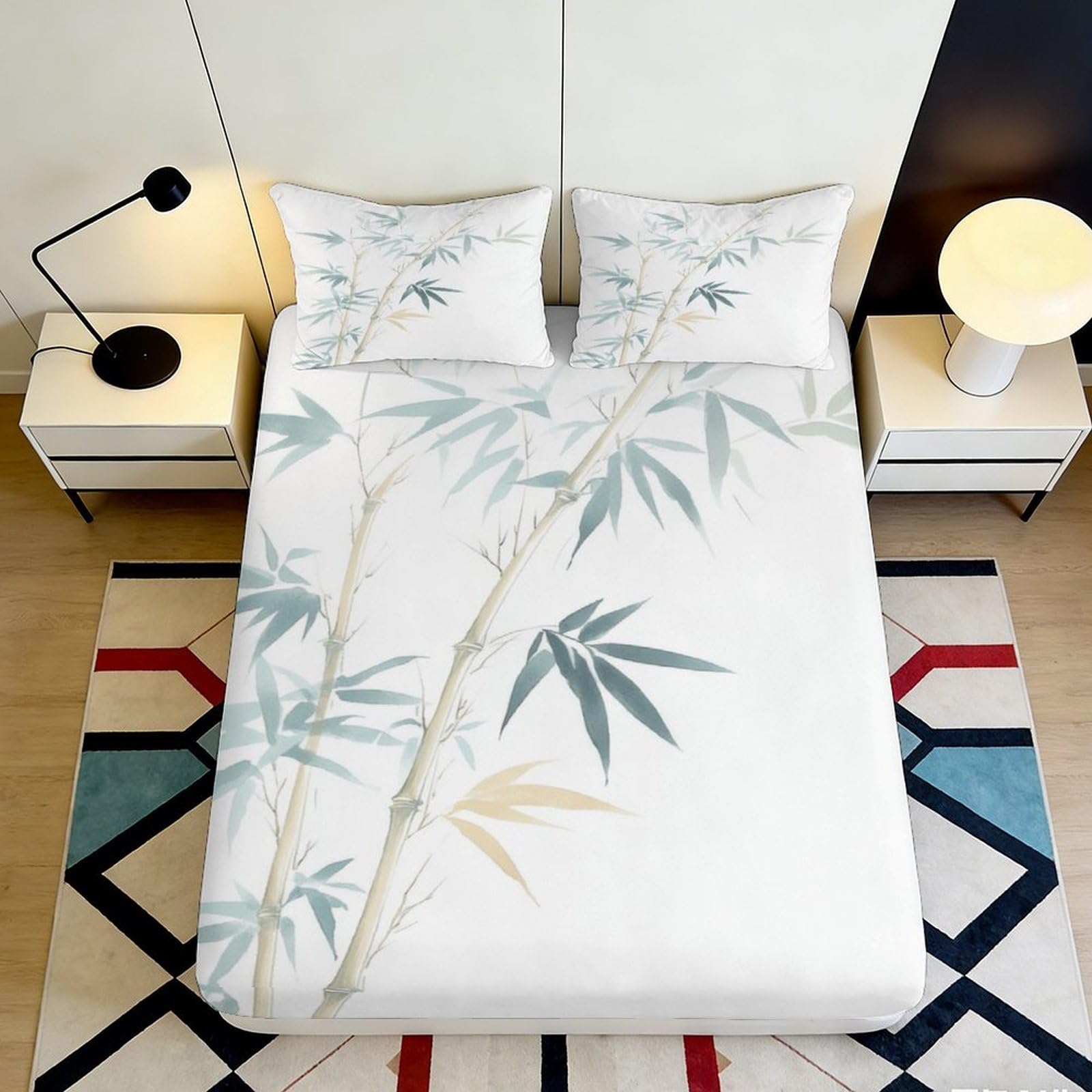 3D Printed Bamboo Leaf Fitted Sheet Microfiber Soft Breathable Elegant Bamboo Branch Bed Cover for Bedroom Dorm Decor 90x200x25cm