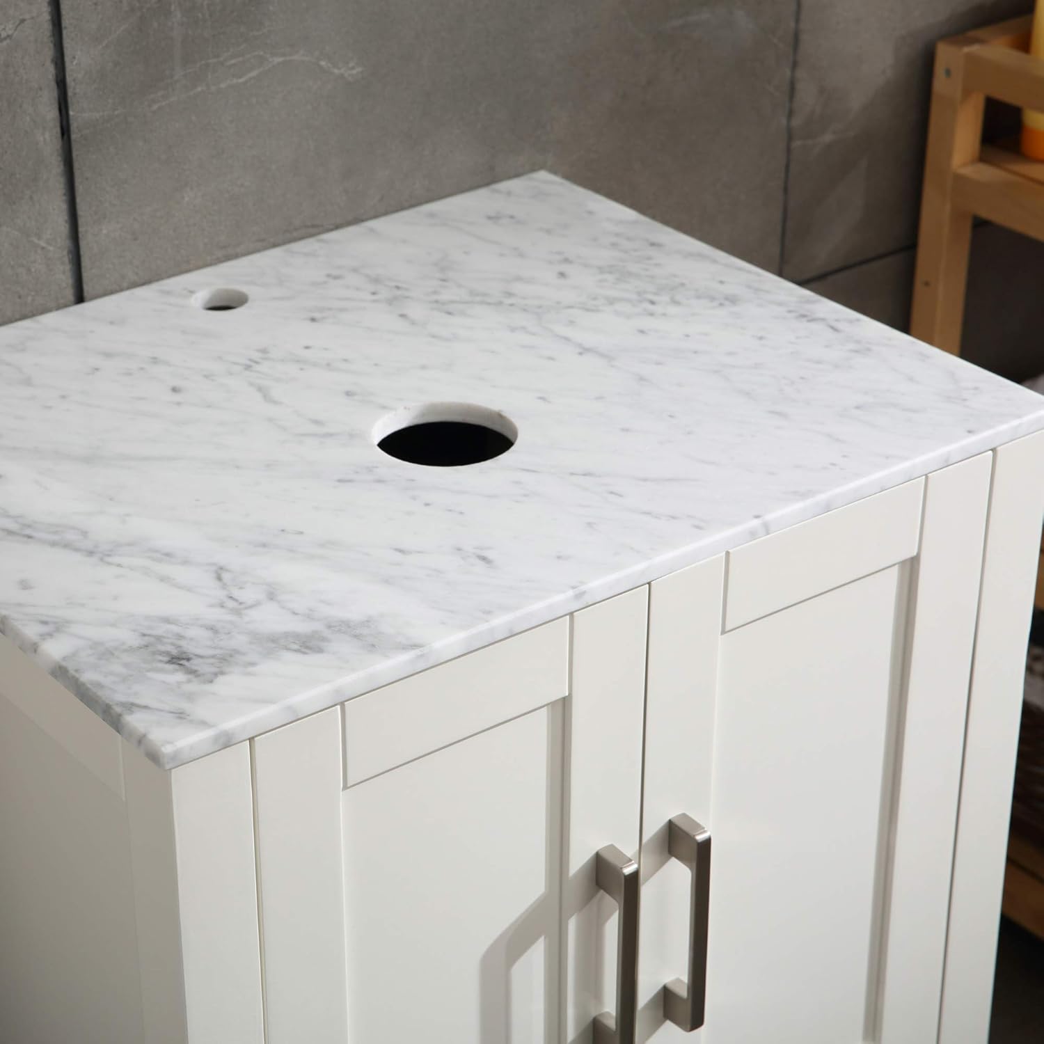 24" White Bathroom Vanity Cabinet with Sink Combo, Solid Wood Cabinet with Ceramic Sink, Marble Countertop, Chrome Faucet, Mirror, Painted Finish