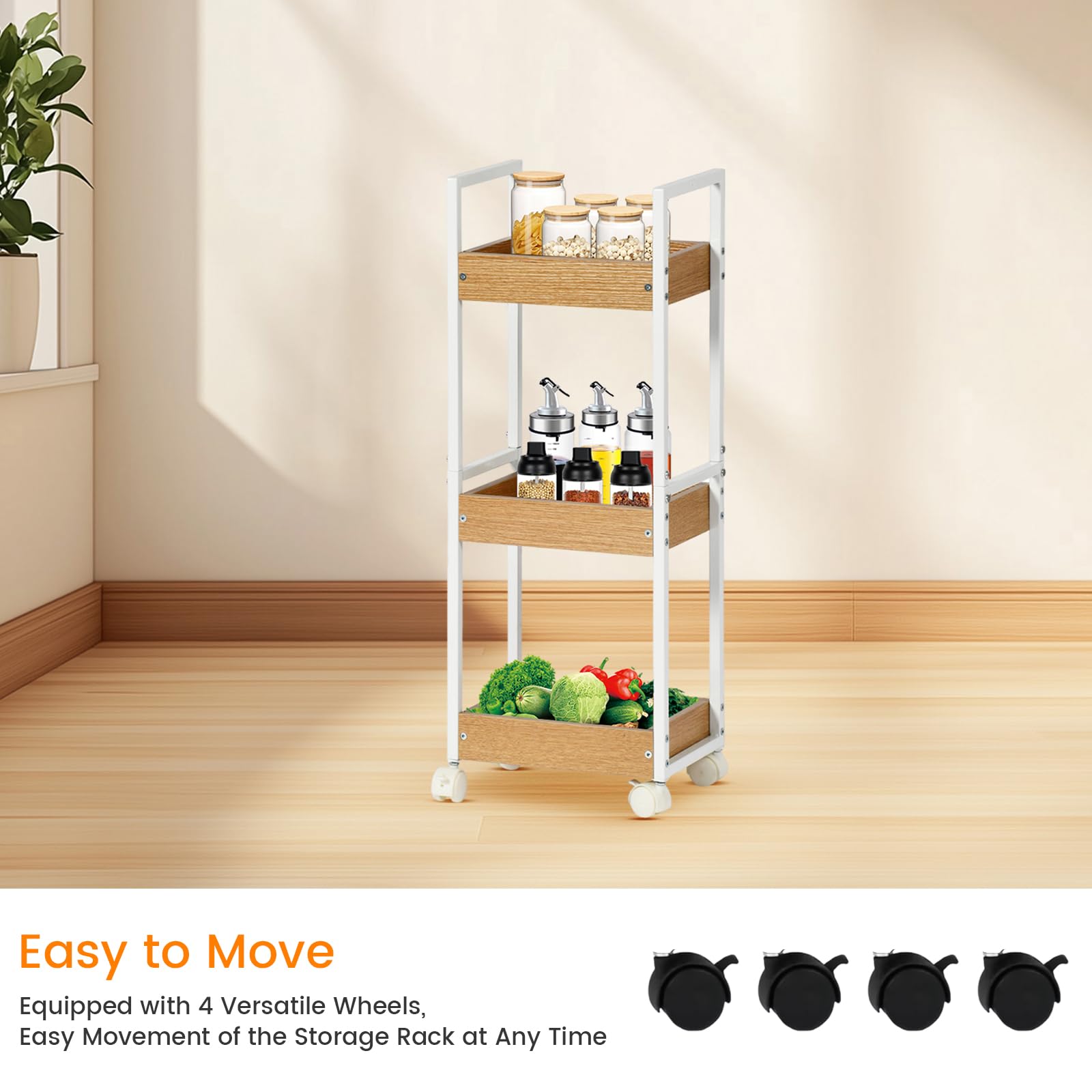 EGGREE Carrello Portaoggetti a 3 Livelli, Carrello Salvaspazio, Mensole Strette per il Bagno, Carrello da Cucina con Rotelle, Carrello bagno, 30 x 20 x 80 cm, Bianco