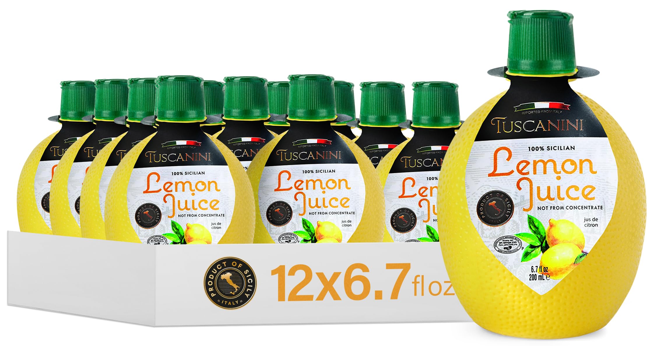 Tuscanini 100% Sicilian Lemon Juice, Not from Concentrate, 6.7oz Lemon Shaped Squeeze Bottle (12 Pack) No Water Added | Product of Italy | Certified Kosher (Including Passover)