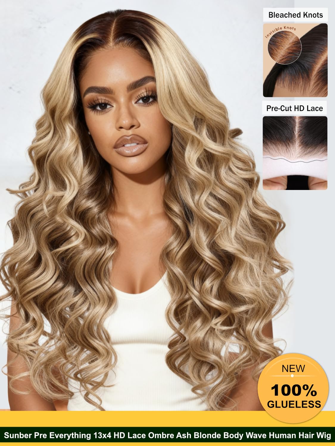 Sunber Ombre Ash Blonde Body Wave Human Hair Wig Pre Everthing Real Ear To Ear Pre Cut 13x4 HD Lace Front Glueless Wigs Pre Bleached Invisible Knots Put on Go 180% Density 16Inch