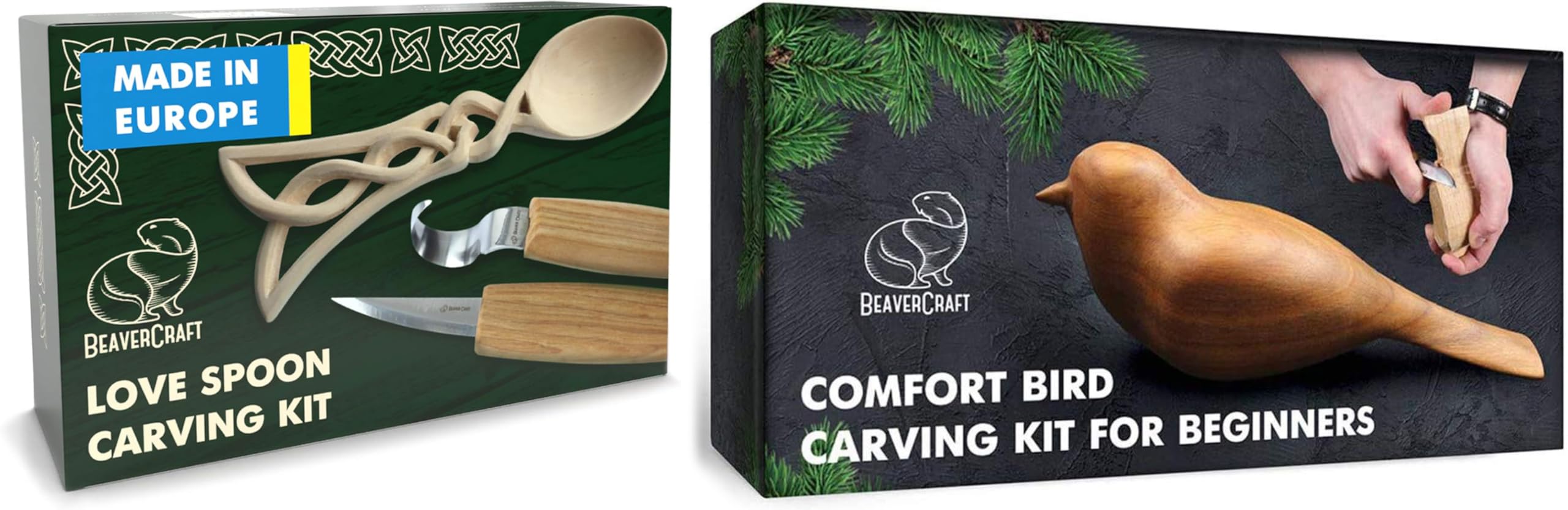 BeaverCraft Löffelschnitzset DIY04 mit Komfort-Vogel Set DIY01 – 2-in-1 Komplettes Holzschnitzset für Anfänger & Erwachsene mit Löffel- & Schnitzmesser, Holzblöcken, Vorlagen & Anleitungen