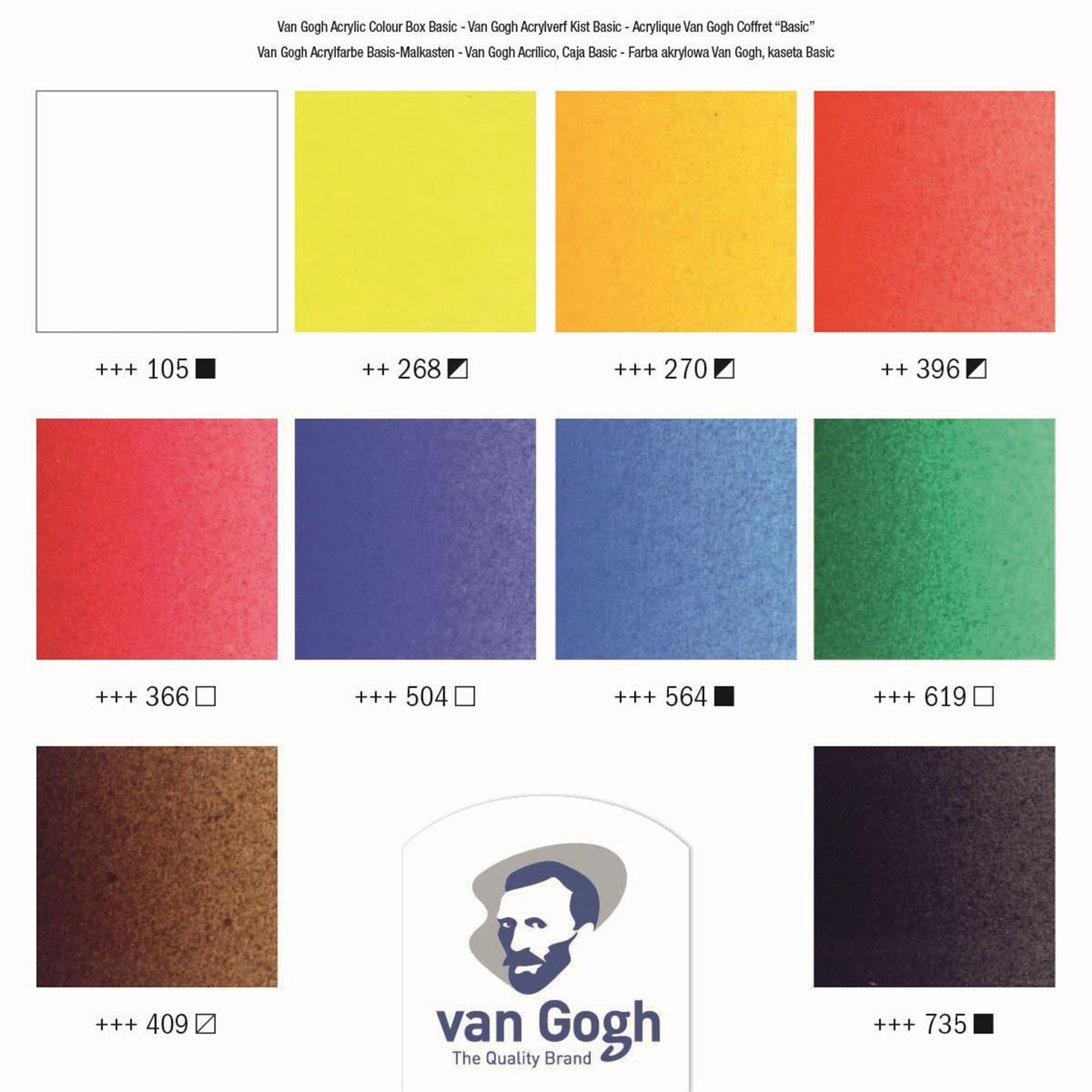 CAJA ACRILICO VAN GOGH BASICA - Set de pinturas acrílicas en una caja de madera básica con 10 colores en tubos de 40 ml + accesorios