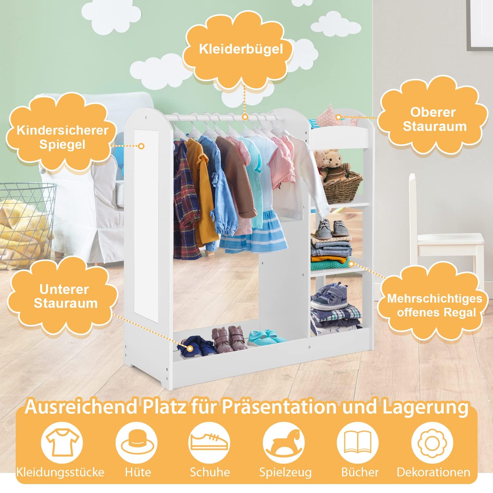 FANTASK Holz-Kinderkleiderschrank 93,5 x 38 x 100 cm,Prinzessinen-Garderobe mit Spiegel & Kleiderbügel & 4 Regalen,weißer Kinderkleiderschrank, Weiß