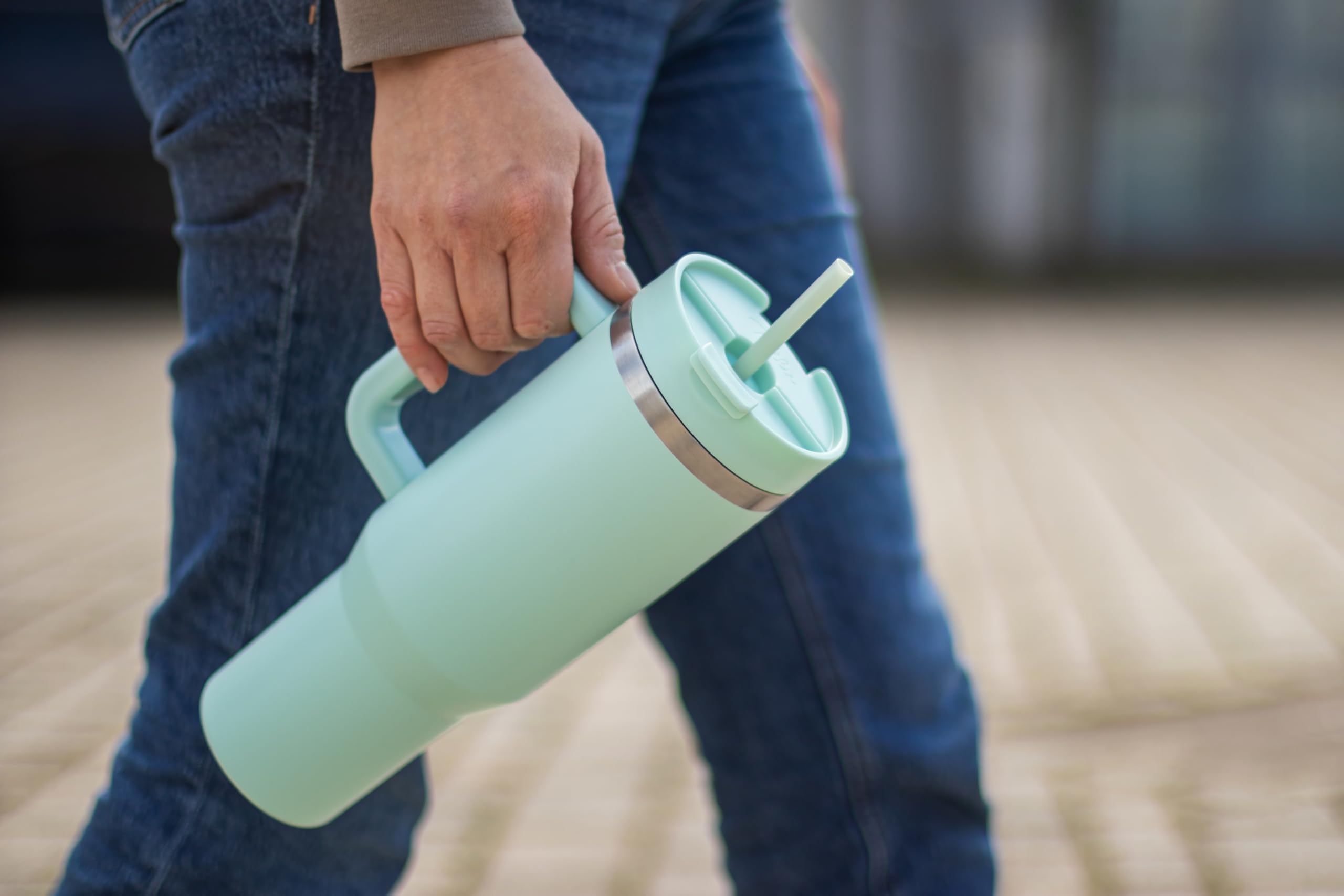 Milu Gobelet thermique 1200ml avec paille & anse, 24h glacé / 12h chaud Tumbler 40oz en acier inoxydable avec poignée, isolant bouteille to go (Mellow Mint, 1200ml)