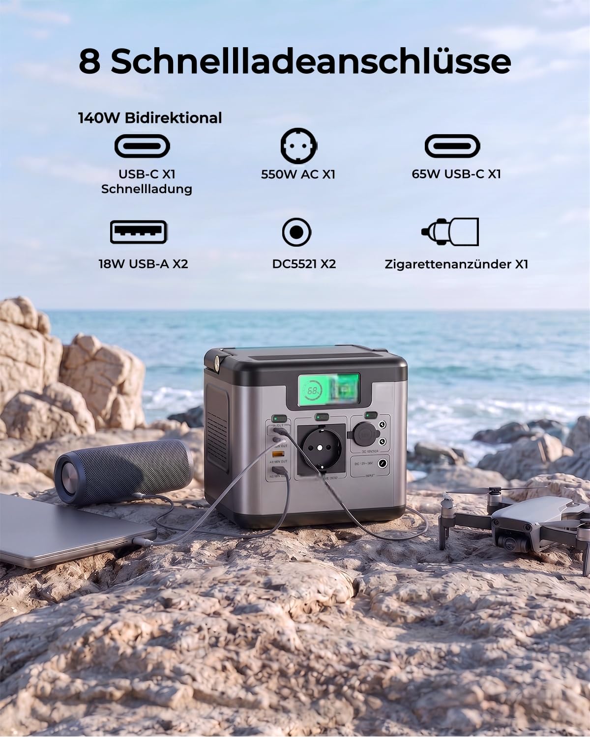 Tragbare Powerstation S550, 555Wh Solargenerator mit 550W (1100W Spitze) AC, 140W Bidirektionale Schnellladung USB-C, Notstromaggregat für Outdoor Camping Wohnmobil Zuhause