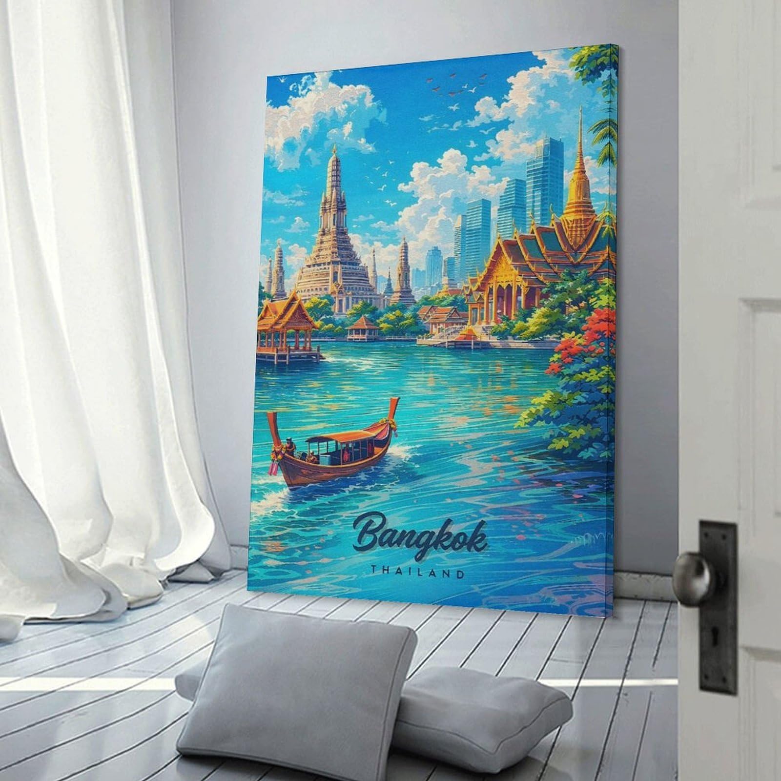 Junmoney Bangkok Thailand River Scene Wall Art Print, 24x36inch(60x90cm), for Living Room, Bedroom, Office Or Hallway, Canvas Wall Art That Fits Changing Layouts