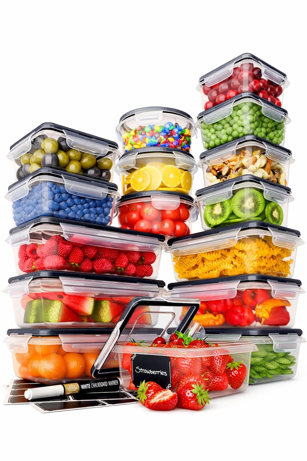 Chef's Path 32 Piece Airtight Food Storage Containers with Easy Snap Lids, 16 Containers and Lids, Stackable Kitchen and Pantry Canisters for Meal Prep and Food Storage - Transparent