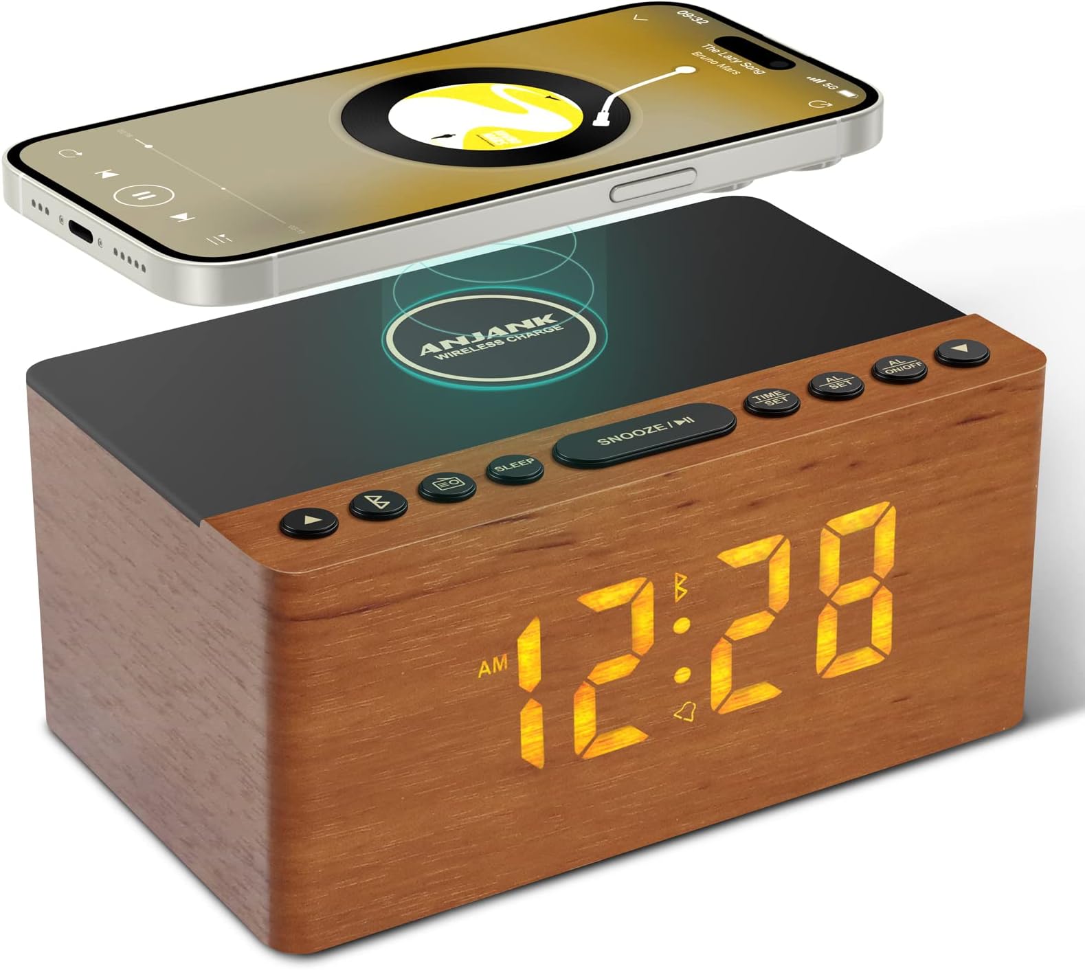 Wooden Bluetooth Speaker, Alarm Clock with FM Radio, Qi Certified Fast Wireless Charging Station for iPhone/Samsung, USB Charger Port, Dimmable Display, Digital Wood Clock for Bedroom, Bedside