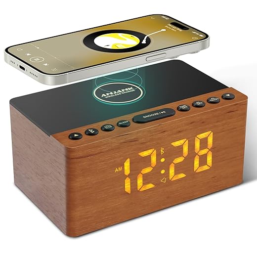 ANJANK Wooden Bluetooth Speaker, Alarm Clock with FM Radio, Qi Certified Fast Wireless Charging