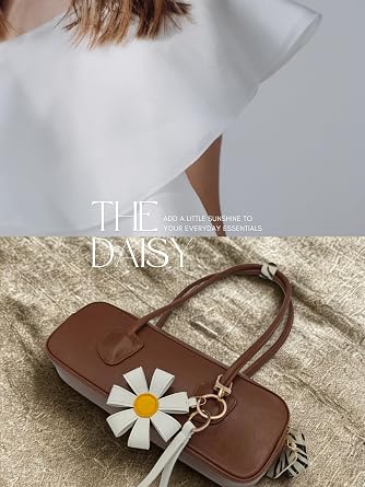 Decorative Daisy Bag Charm Keychain, White and Yellow, Gold-Tone Hardware