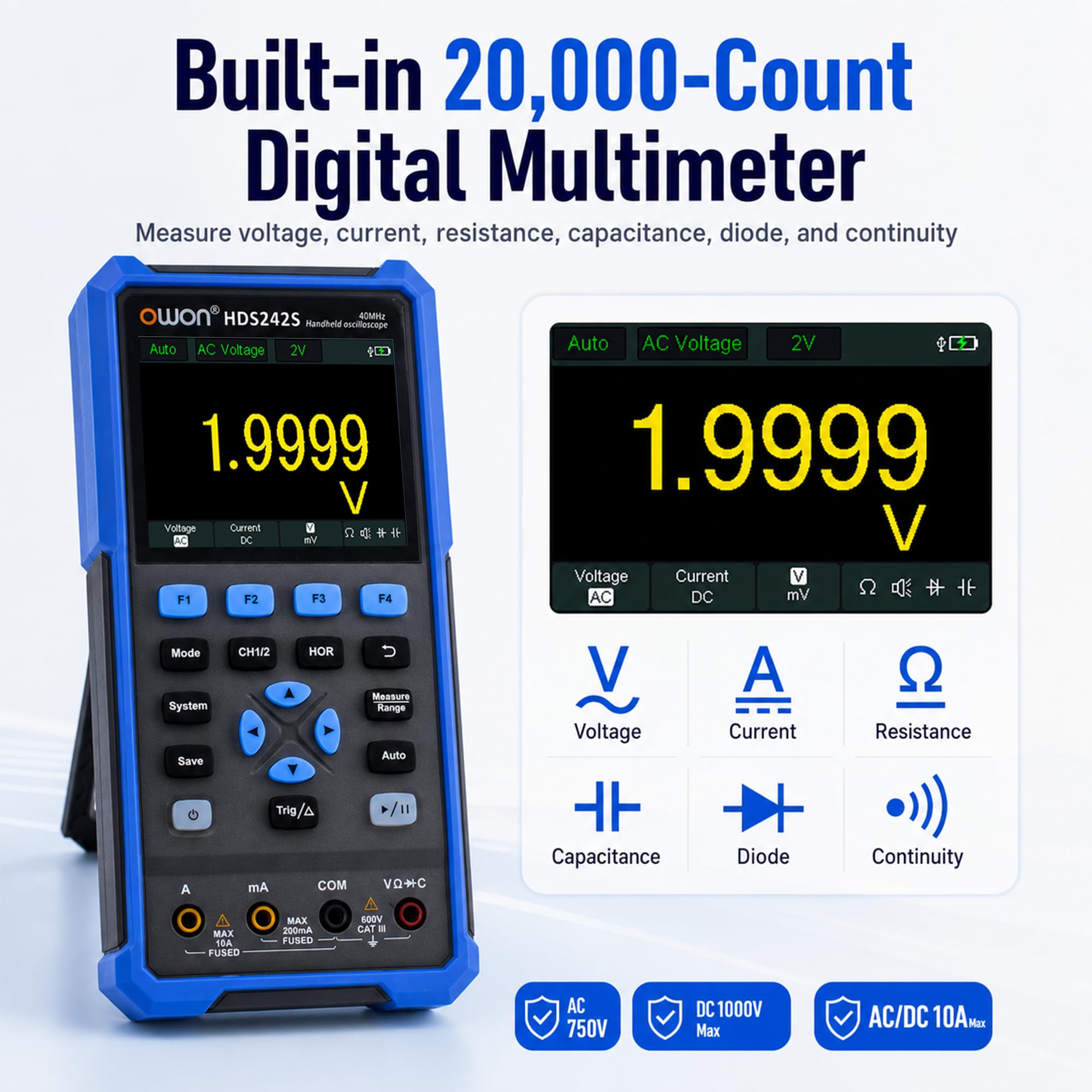 HDS242S Oscilloscope, 2 in 1 Dual Channel 40MHz Bandwidth Handheld