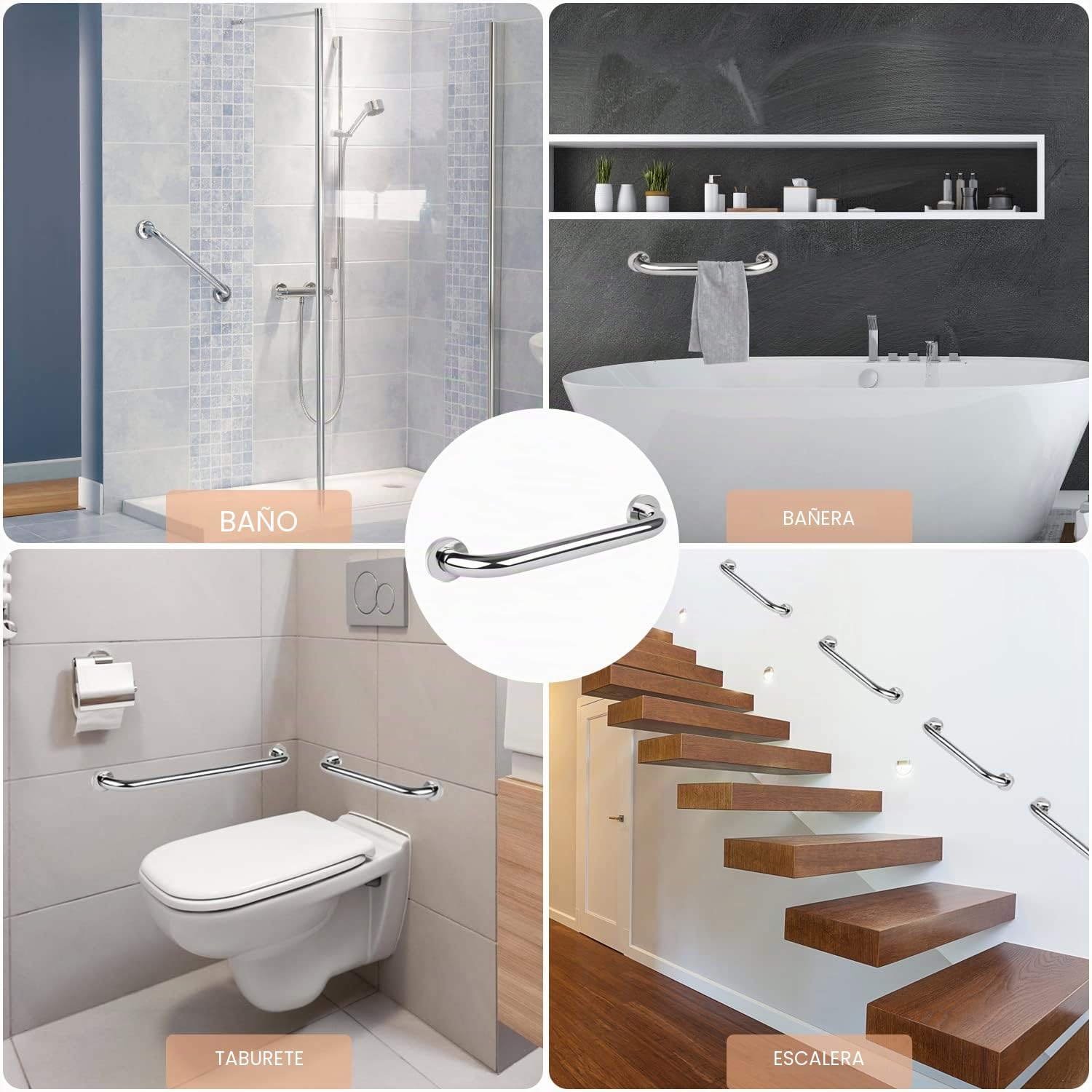 Sunzone Barra de Seguridad para Baño 50cm - Pasamano de Acero Inoxidable para Discapacitados - Agarre para Bañera o Ducha