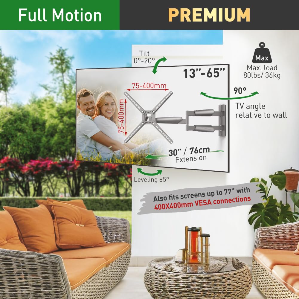 Barkan Support Mural pour TV de 30 cm de Long pour tonnelle, 13 à 65 Pouces, Mouvement Complet – 4 mouvements, Support d'écran Plat/incurvé, Peut Supporter jusqu'à 36,3 kg, extrêmement Extensible