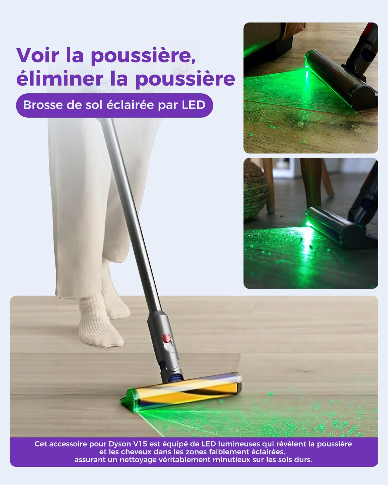 Tête de nettoyage V15 Fluffy Optic pour aspirateur Dyson V15 V11 V10 V8 V7, détection de la poussière avec lumière verte, accessoire à rouleaux en mousse pour sols durs et en bois