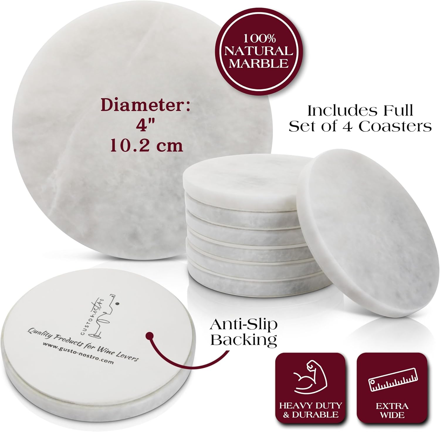 Gusto Nostro White Marble Coasters Set of 4 - Luxury Natural Stone Coasters for Drinks - Genuine Marble Kitchen Accessories, Round Artisanal Stone Coaster for Kitchen Counter, Coffee Table, Home Decor
