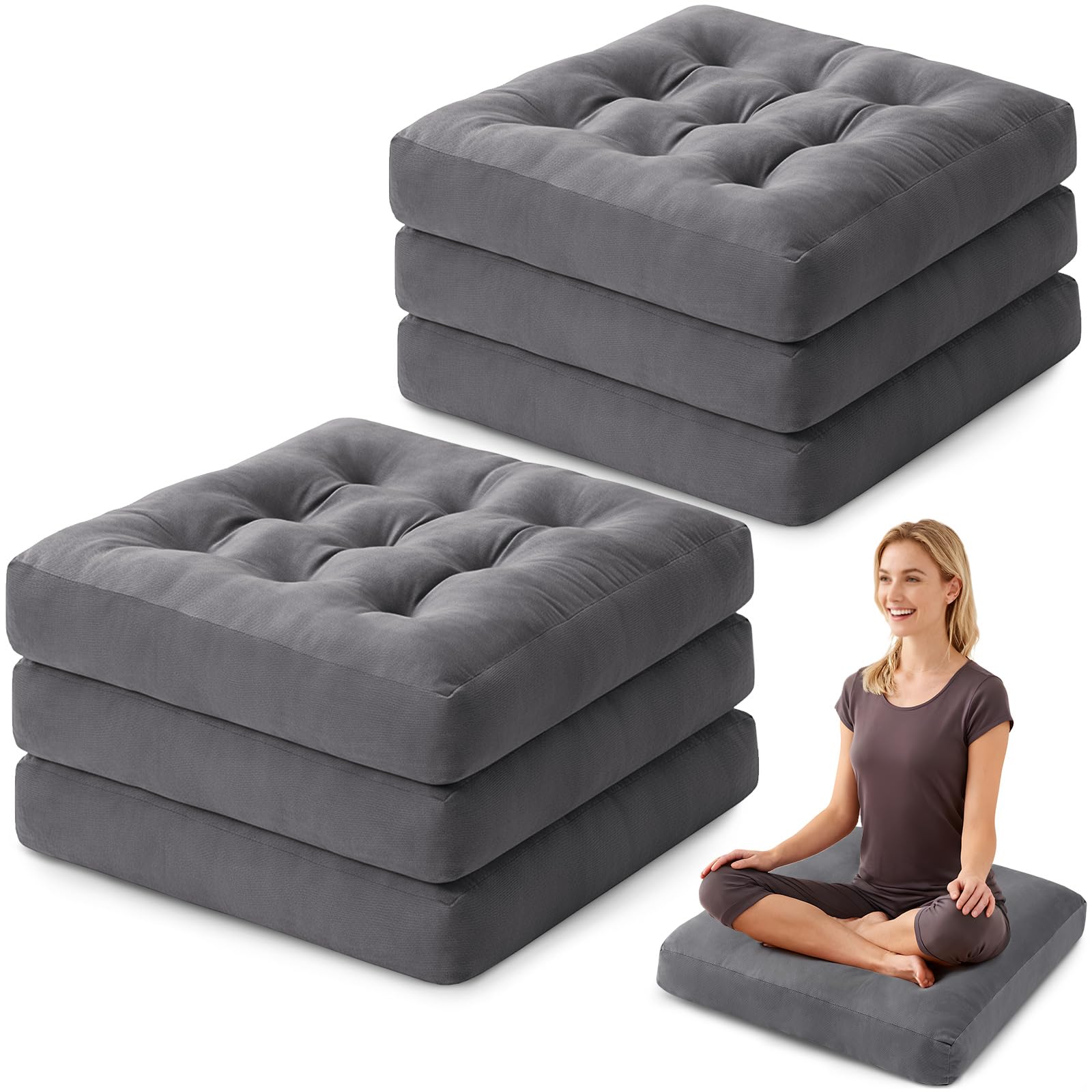 SM-XLHN Meditation Floor Pillow Set of 6, Square Large Pillows Seating for Adults, Meditation Cushion Pillow,Tufted Corduroy Cushion for Tatami Living Room or Yoga, Dark Gray, 22x22 Inch