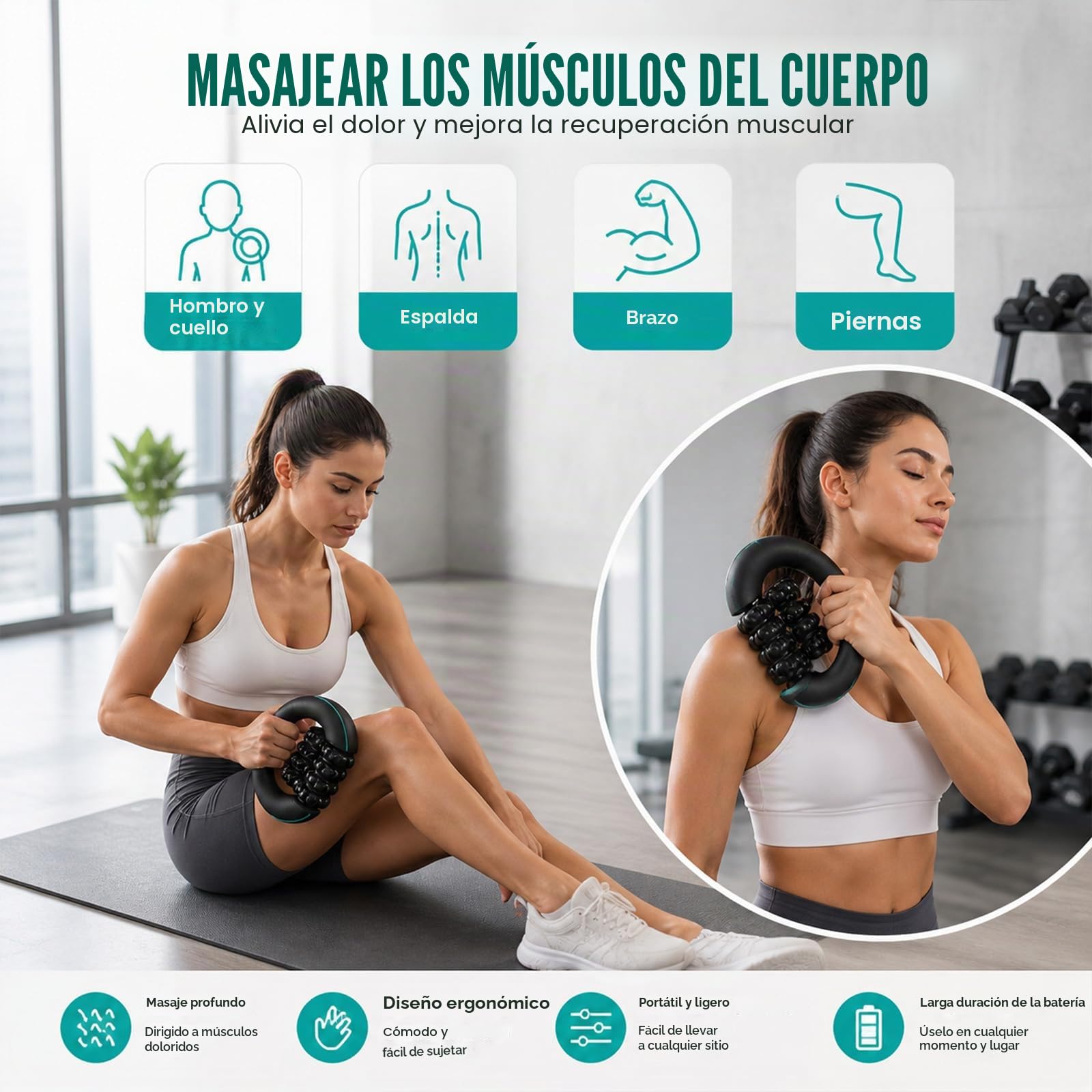 Masajeador de mano eléctrico con rodillos, 3 niveles de masaje, recargable por USB, ligero masajeador de tejido profundo para espalda, hombros, piernas, oficina, gimnasio