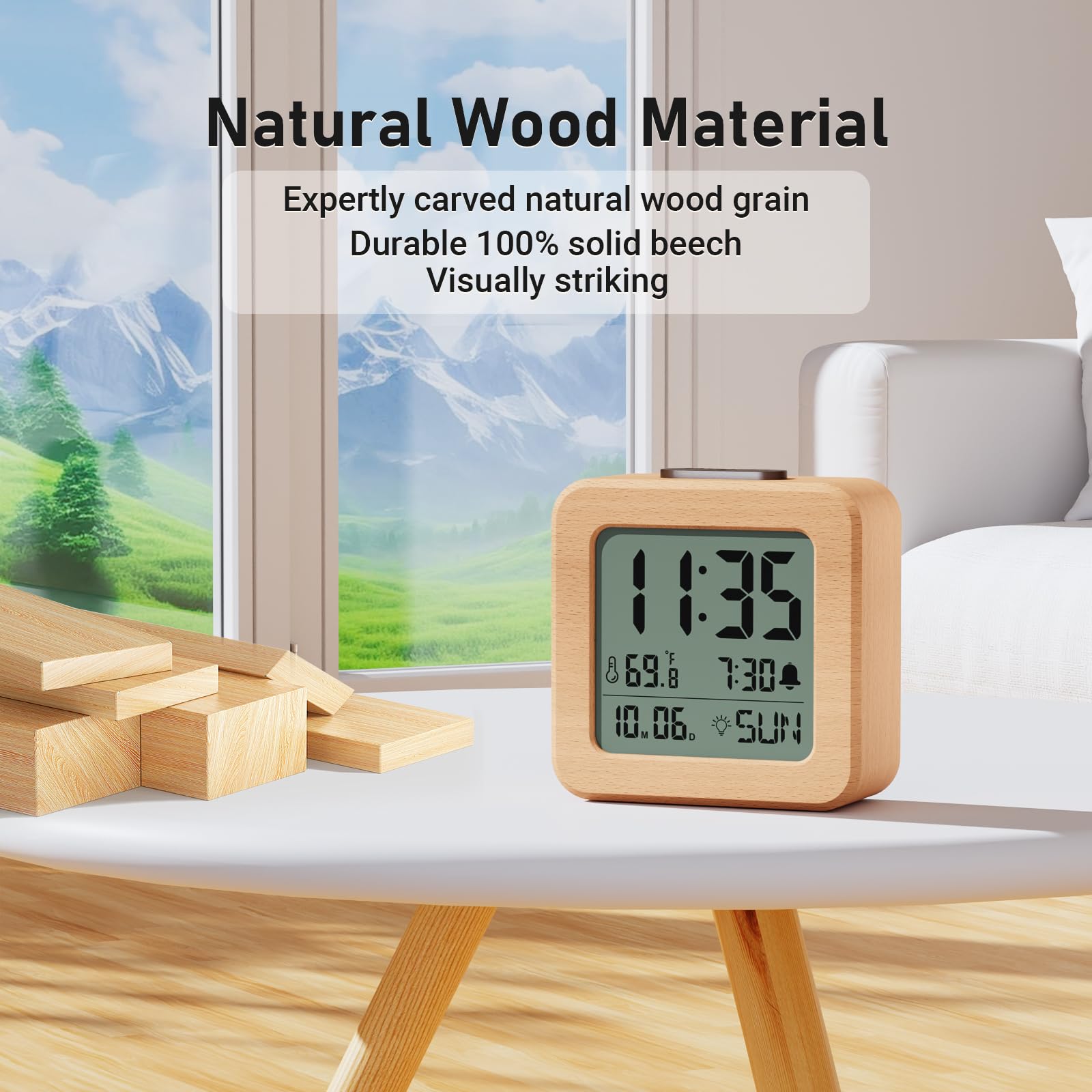 CHEREEKI Reloj a pilas con caja de madera real, alarma fuerte, repetición, sensor de luz automático, visualización de temperatura, fecha y día de la semana (3 pilas AAA incluidas)