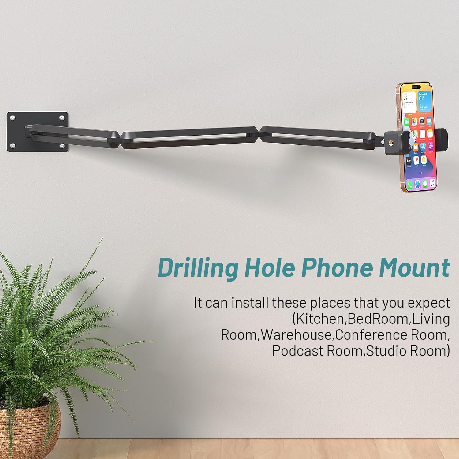 Wall Mount Phone Holder,Phone Holder for Desk Bed,3-Stage Aluminium iPhone Stand,Foldable Extendable Arms Heavy Duty Drilling Base,Compatible with 3.5~7.5" iPhone/HTC/LG/Huawei/Galaxy/Smartphones