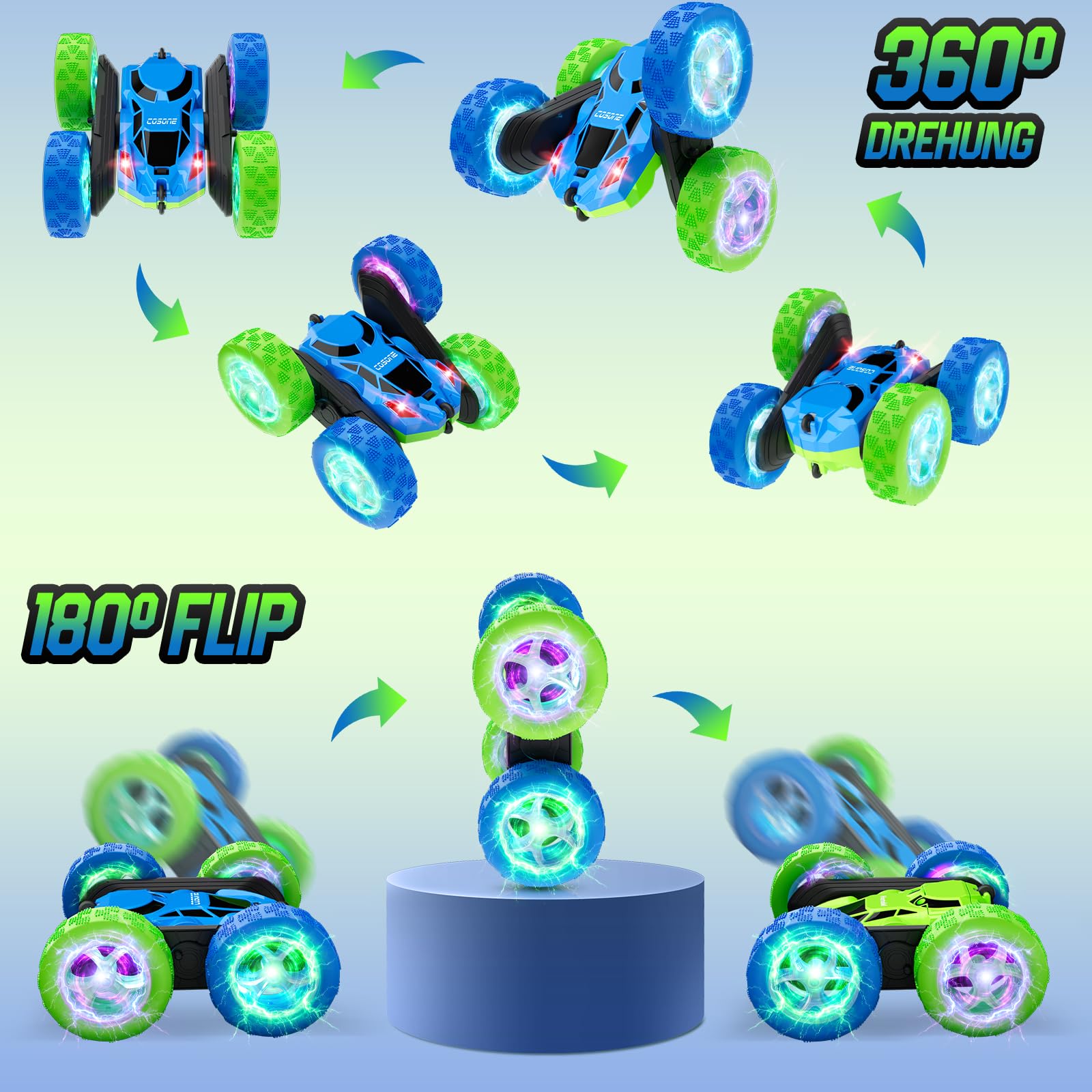 cosone Voiture Télécommandée pour Enfants - avec Lumières de Roue Cool - Rotation à 360 ° - Jouet pour Garçon de 6, 7, 8, 9, 10-12 Ans, (Bleu et Vert)