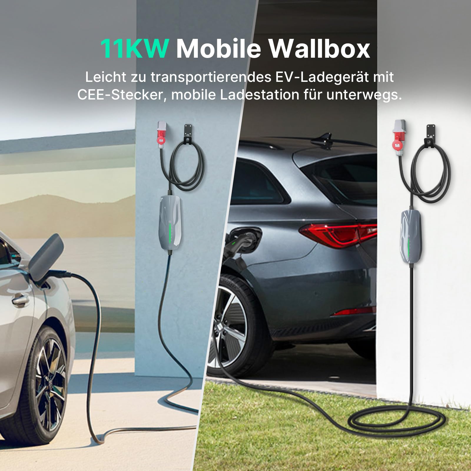 Mobile Wallbox/Ladestation 11kW mit CEE Stecker, 6m | 3-phasig | 6-16A | Typ 2 Ladekabel EV Ladegerät für Allen EVs & PHEVS, IEC 62196-2, IP66