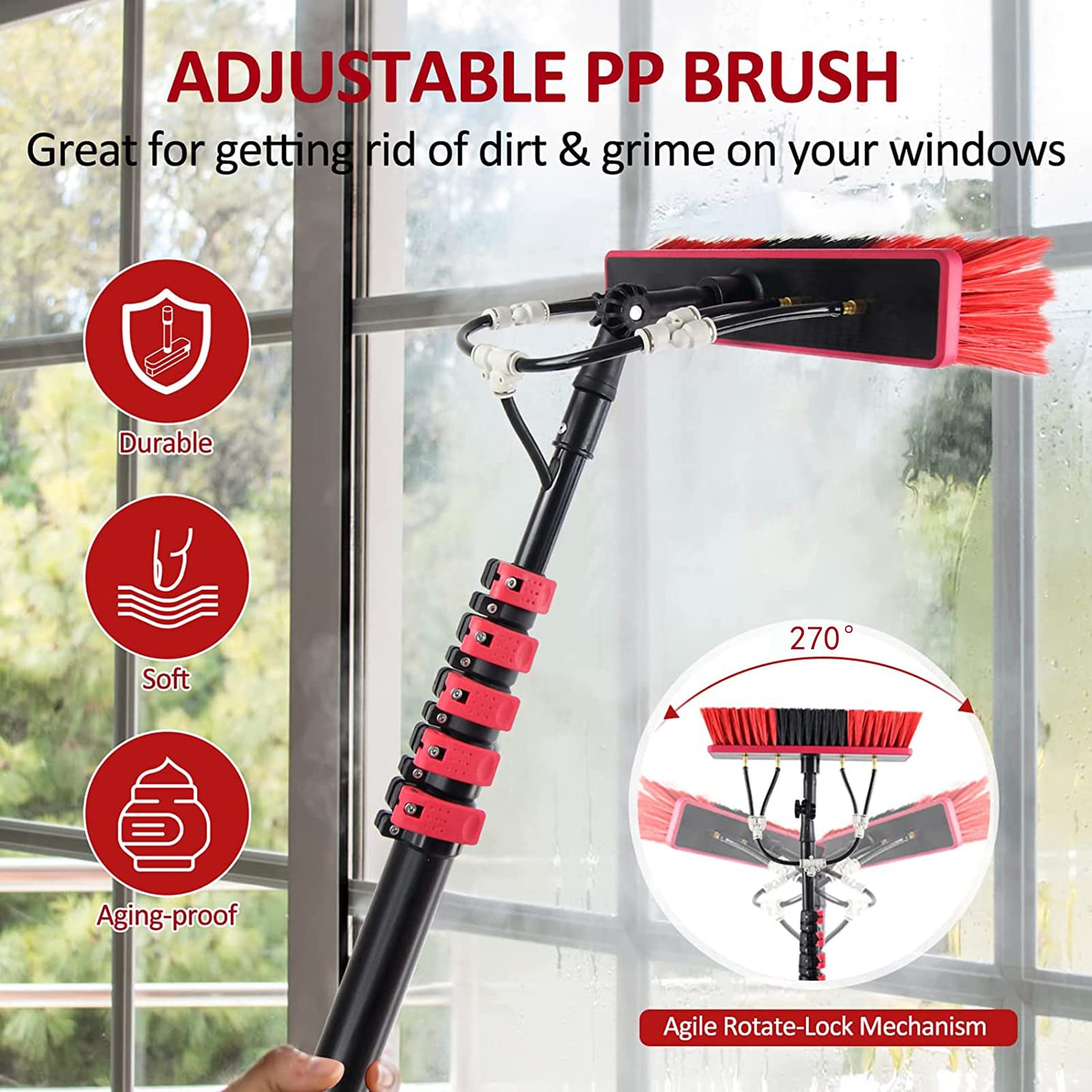 Kit de poste de alimentación ajustable de 12 pies con cabezal de cepillo giratorio, herramienta ideal de limpieza de ventanas y paneles solares, cepillo de limpieza y lavado para ventanas de alto