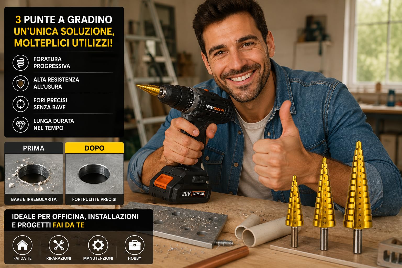 Terryshop74® Set 3 Punte a Gradino HSS Rivestite Titanio – Punte Coniche Graduate 4-12 mm, 4-20 mm e 4-32 mm – Per Metallo, Alluminio, Lamiera, PVC e Plastica – Attacco Esagonale