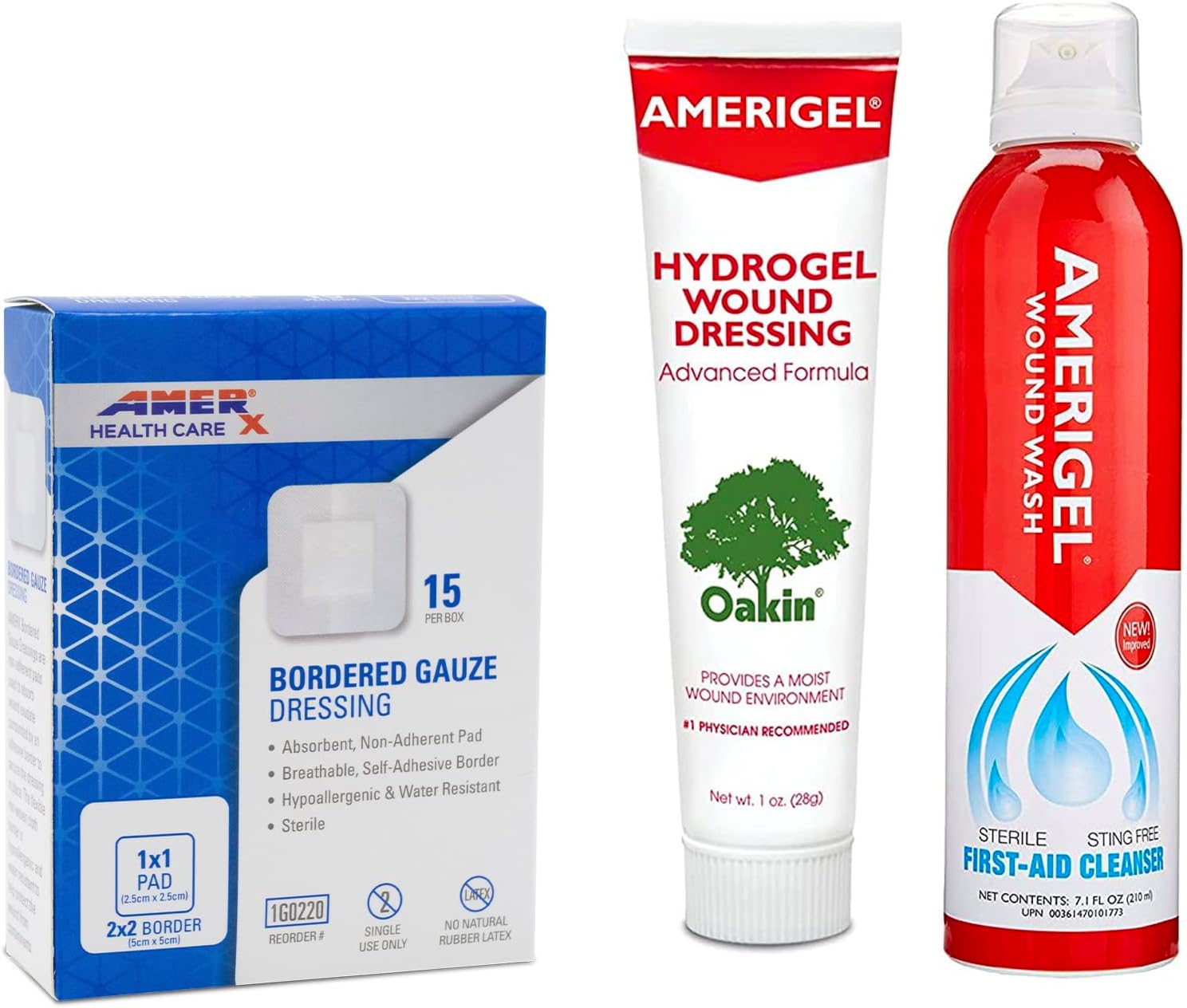 - AMERIGEL Total First Aid Bundle (1 oz. Hydrogel Wound Dressing, 7.1 oz. Saline Wound Wash, Bordered Gauze Dressing)