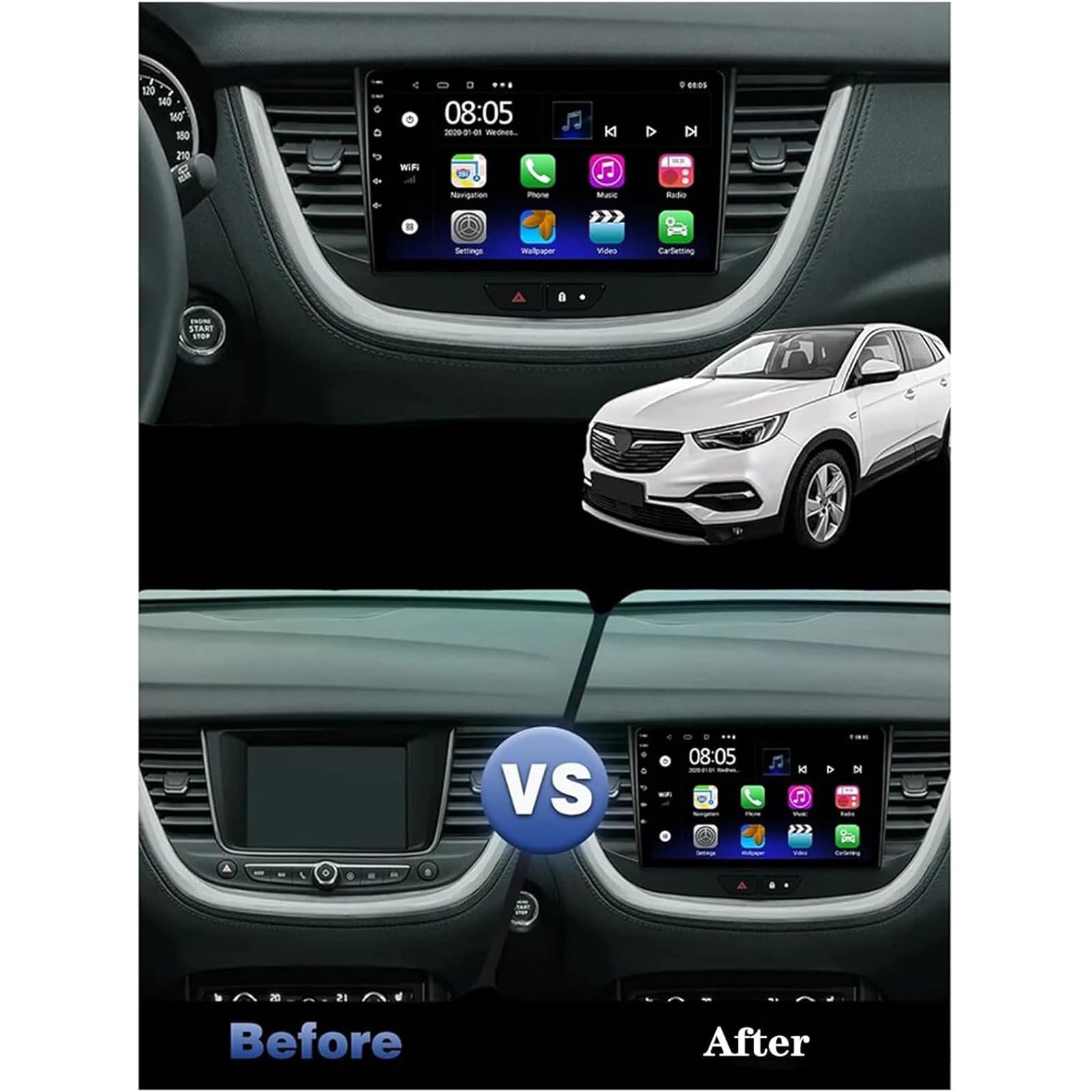 Radio Estéreo para Coche para O-pel Grandland X Crossland X 2016-2020, IPS de 9 Pulgadas Compatible con CarPlay Android Auto Navegación GPS Controles en el Volante y Cámara de Visión(Size:4Core 2+32G)